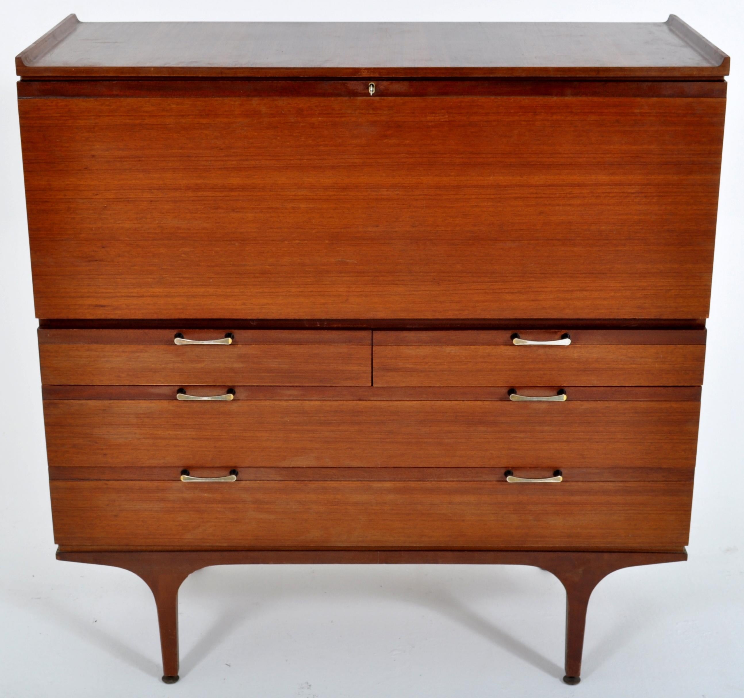 Mid-Century Modern Danish rosewood color secretary/chest/cabinet/desk, 1960s. The cabinet having a top with a gallery to each side and a fall front secretary below enclosing a fitted interior. The base having two short over two long drawers and
