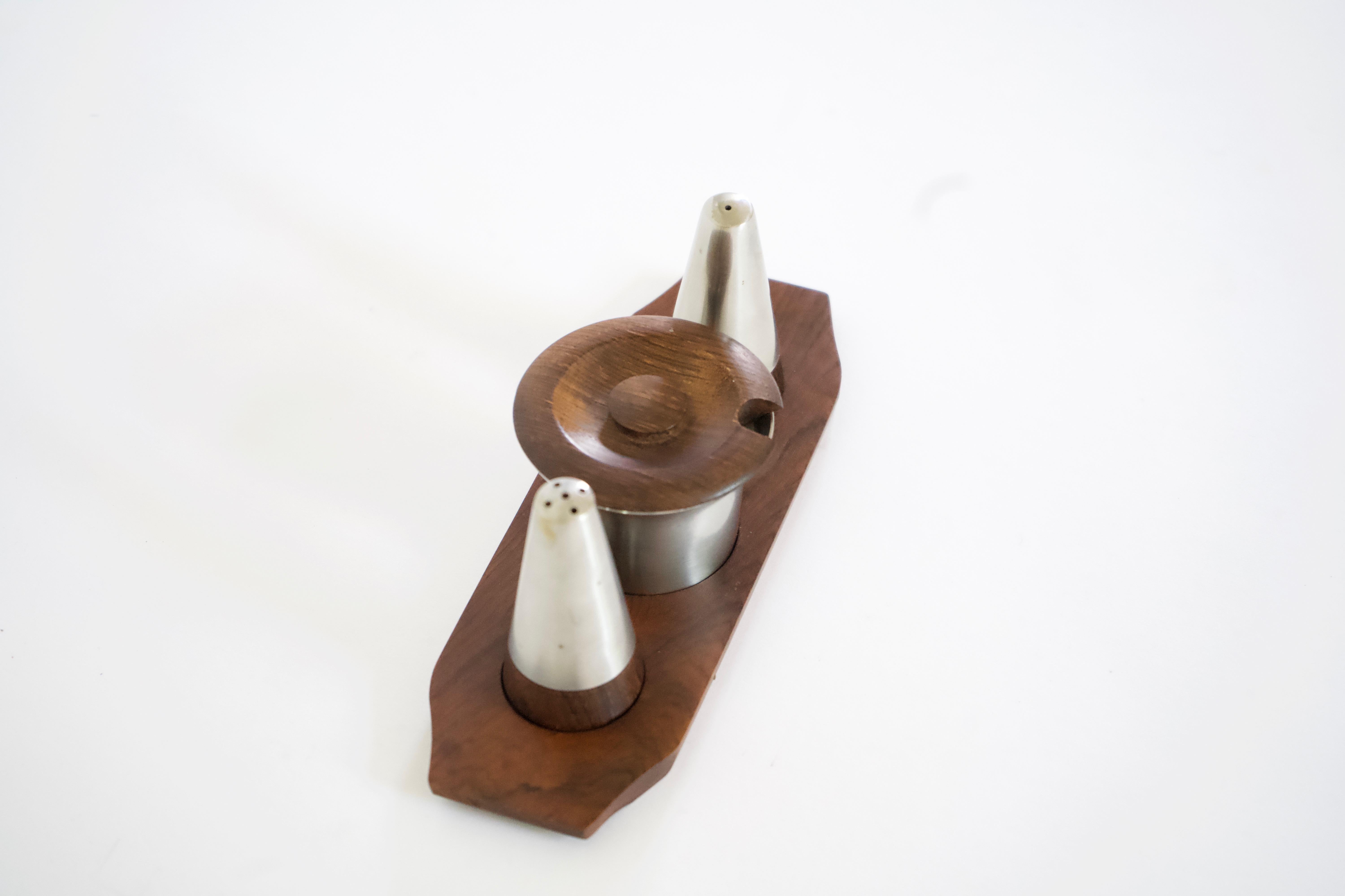 Vintage rosewood and stainless steel constructed salt, pepper and sugar set by Lundtofte, Denmark.