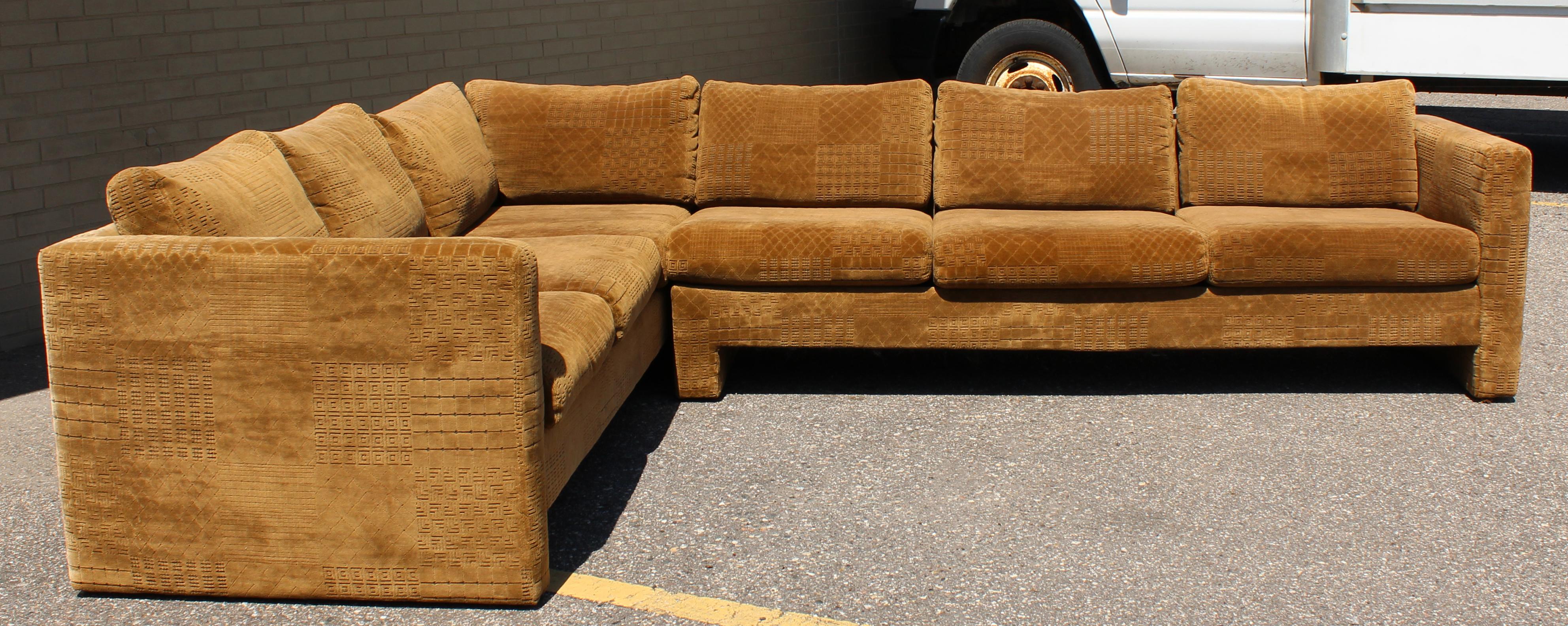 For your consideration is a magnificent sofa sectional by Selig of Monroe, made in Denmark, circa 1970s. This two-piece sectional is uplhostered in an ornate brown velour/velvet fabric. In very good vintage condition. The dimensions are 80