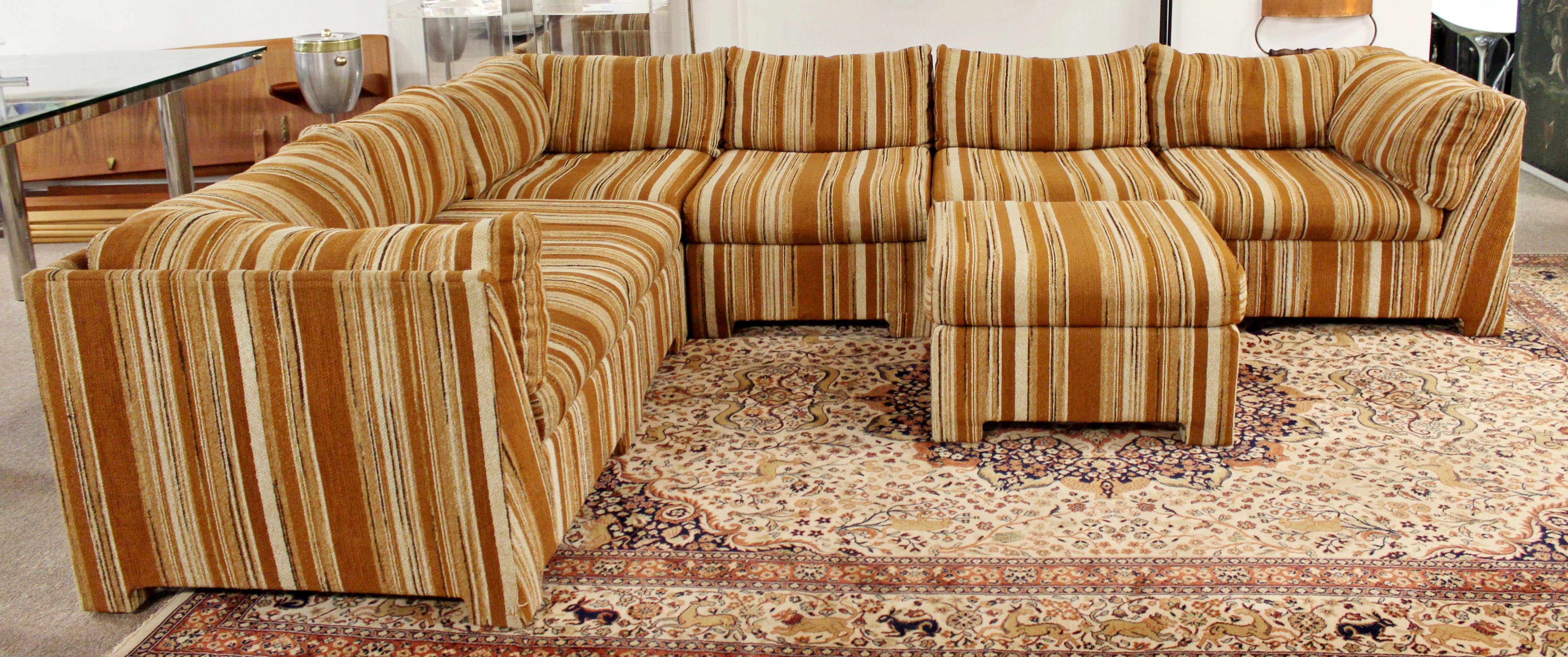 For your consideration is a phenomenal, six piece sofa sectional, with ottoman, by Selig of Monroe, made in Denmark, circa 1970s. In very good vintage condition. The dimensions of the corner pieces are 32