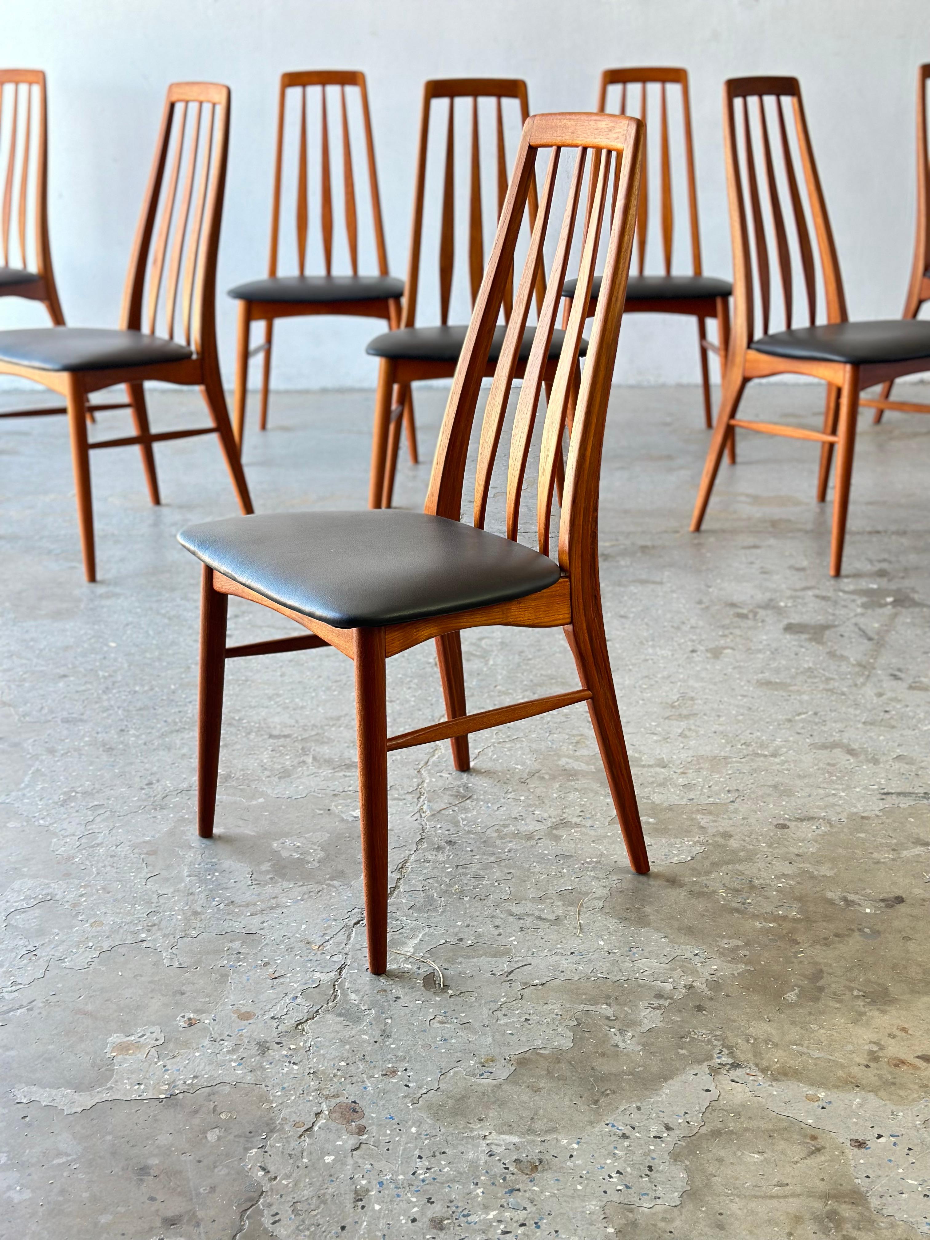 Mid-Century Modern Danish Set of 8 Chairs in Teak Model Eva by Niels Kofoed

Set of 8 midcentury Danish teak 'Eva' dining chairs designed by Niels Koefoed in 1964 for Koefoed Hornslet. Striking high back vertical slat dining chairs with decorative