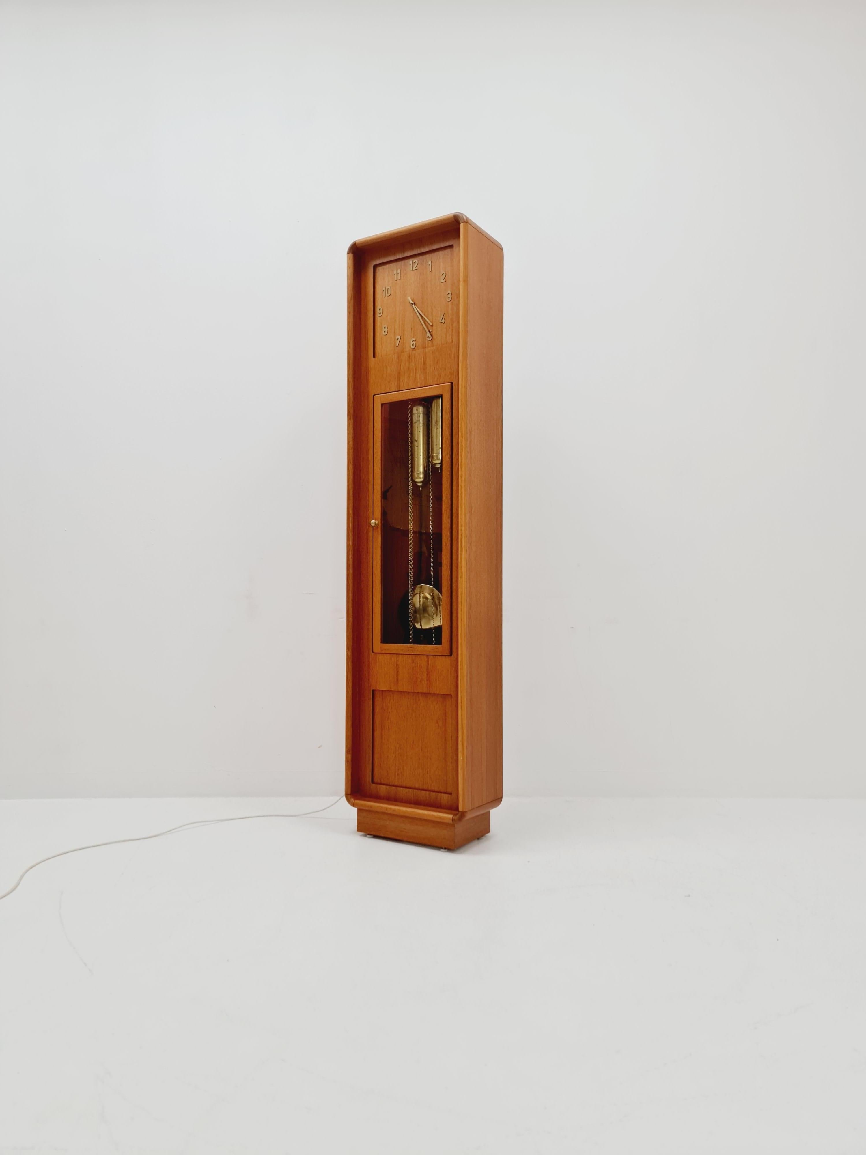 Brass Mid century Modern Danish stand clock teak By Westminster clocks copenhagen 1960 For Sale