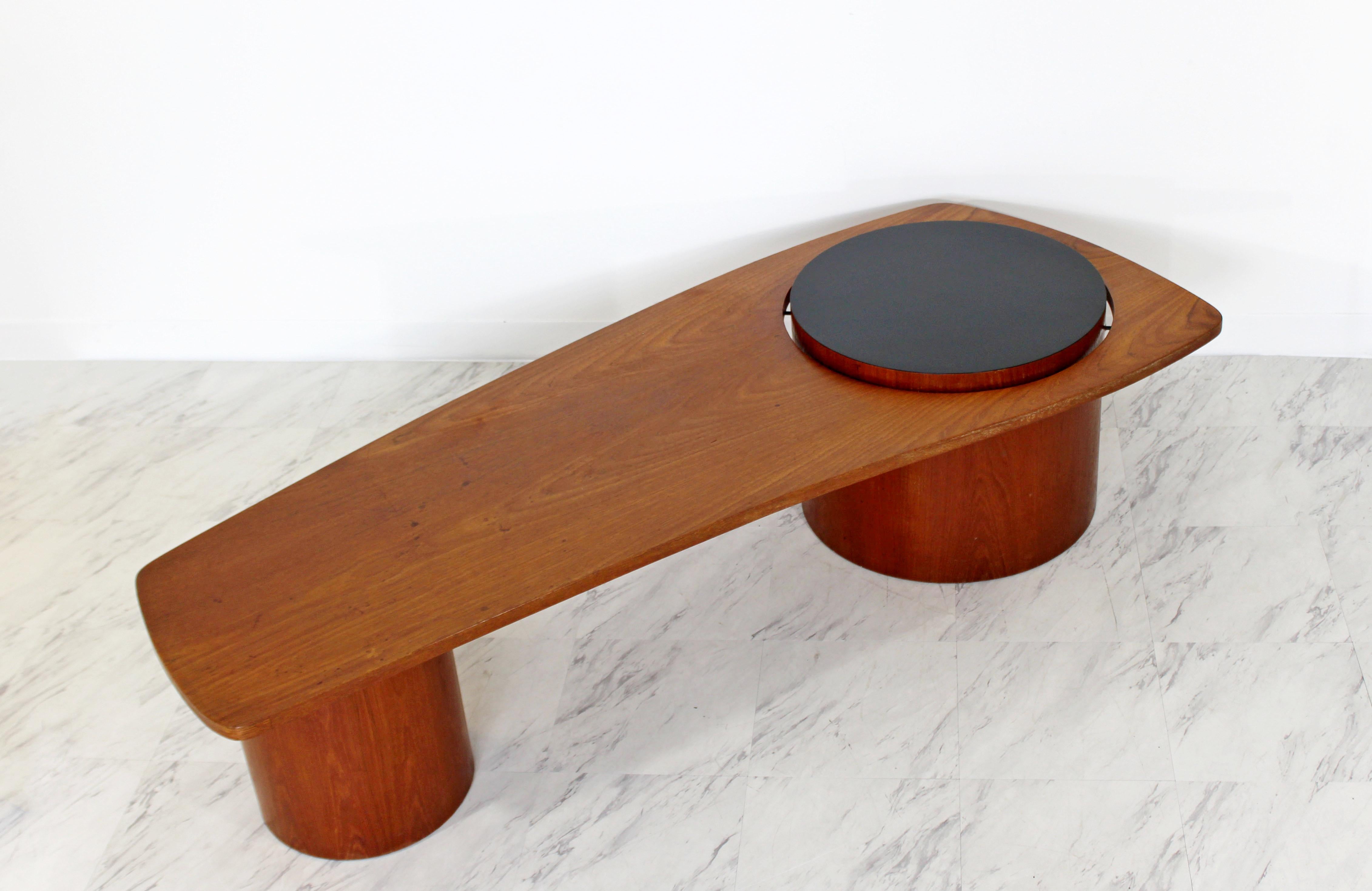 Scandinavian Mid-Century Modern Danish Style Long Freeform Teak Round Base Coffee Table 1960s