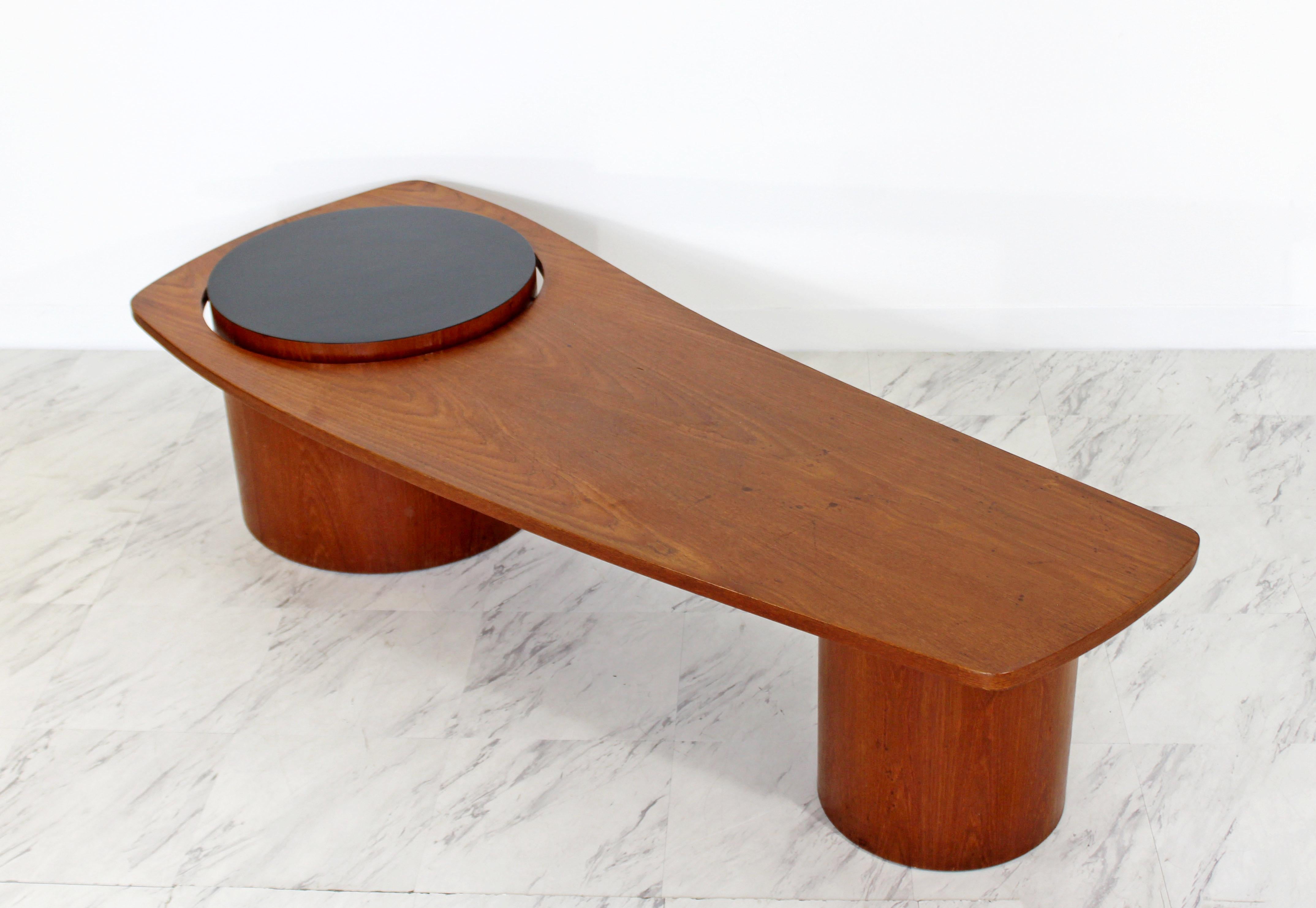 Mid-Century Modern Danish Style Long Freeform Teak Round Base Coffee Table 1960s 2