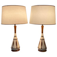 Mid-Century Modern Danish Style Table Lamps of Teak and Ceramic