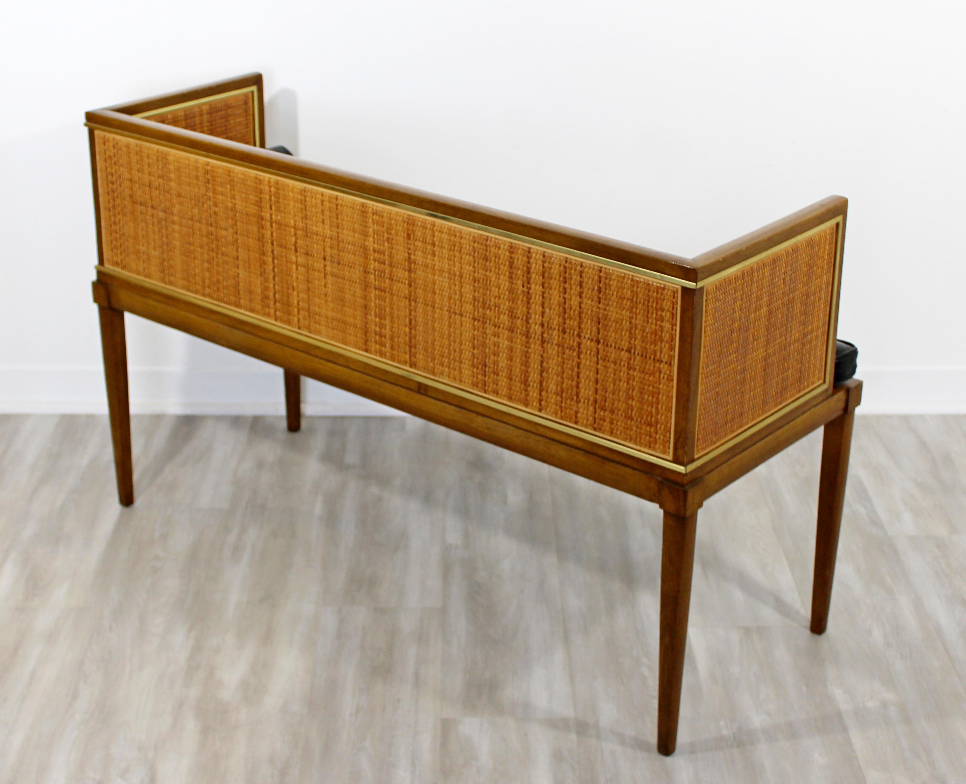 Mid-Century Modern Danish Style Wood Cane Brass Leather Bench Settee, 1960s In Good Condition In Keego Harbor, MI