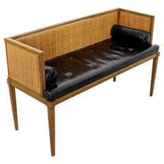 Vintage Mid-Century Modern Danish Style Wood Cane Brass Leather Bench Settee, 1960s