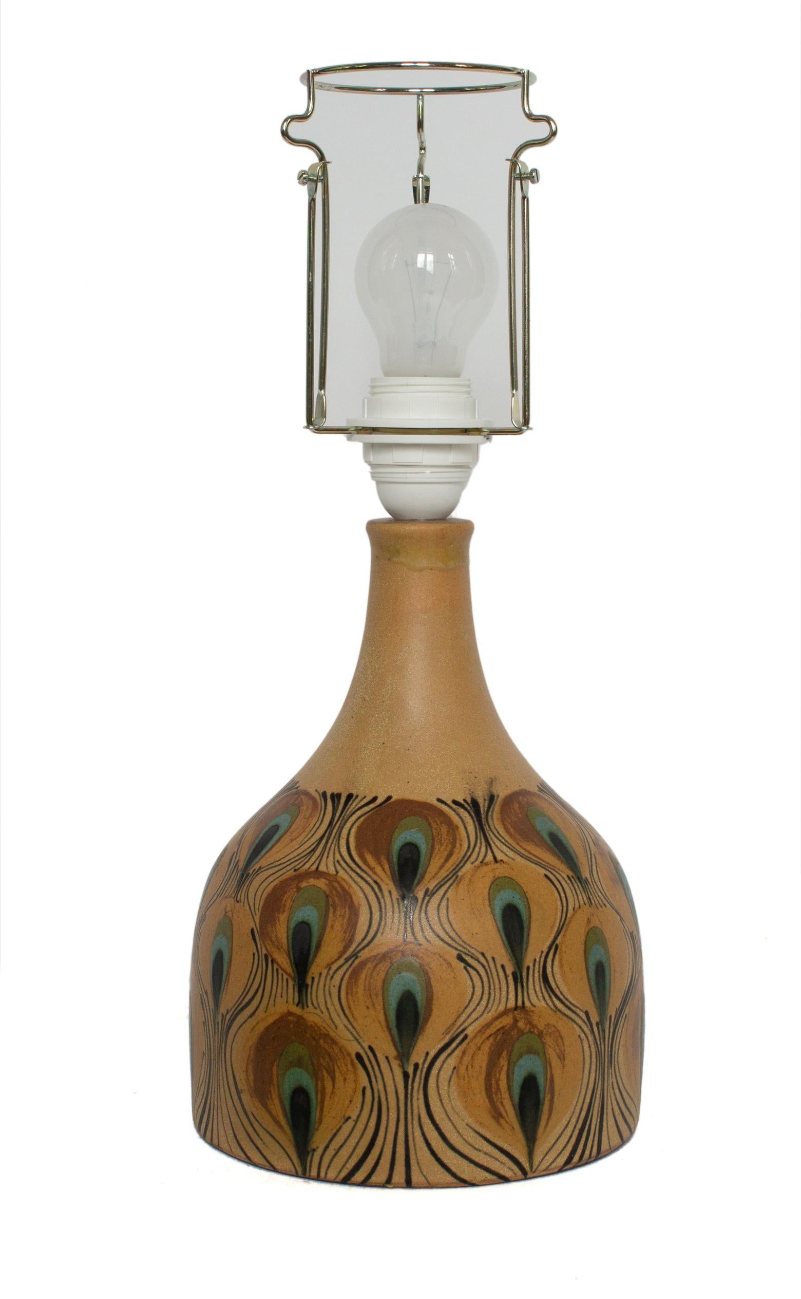 Hand-Crafted Mid-Century Modern Danish Table Lamp with Peacock Pattern by Margrethe Dybdahl For Sale