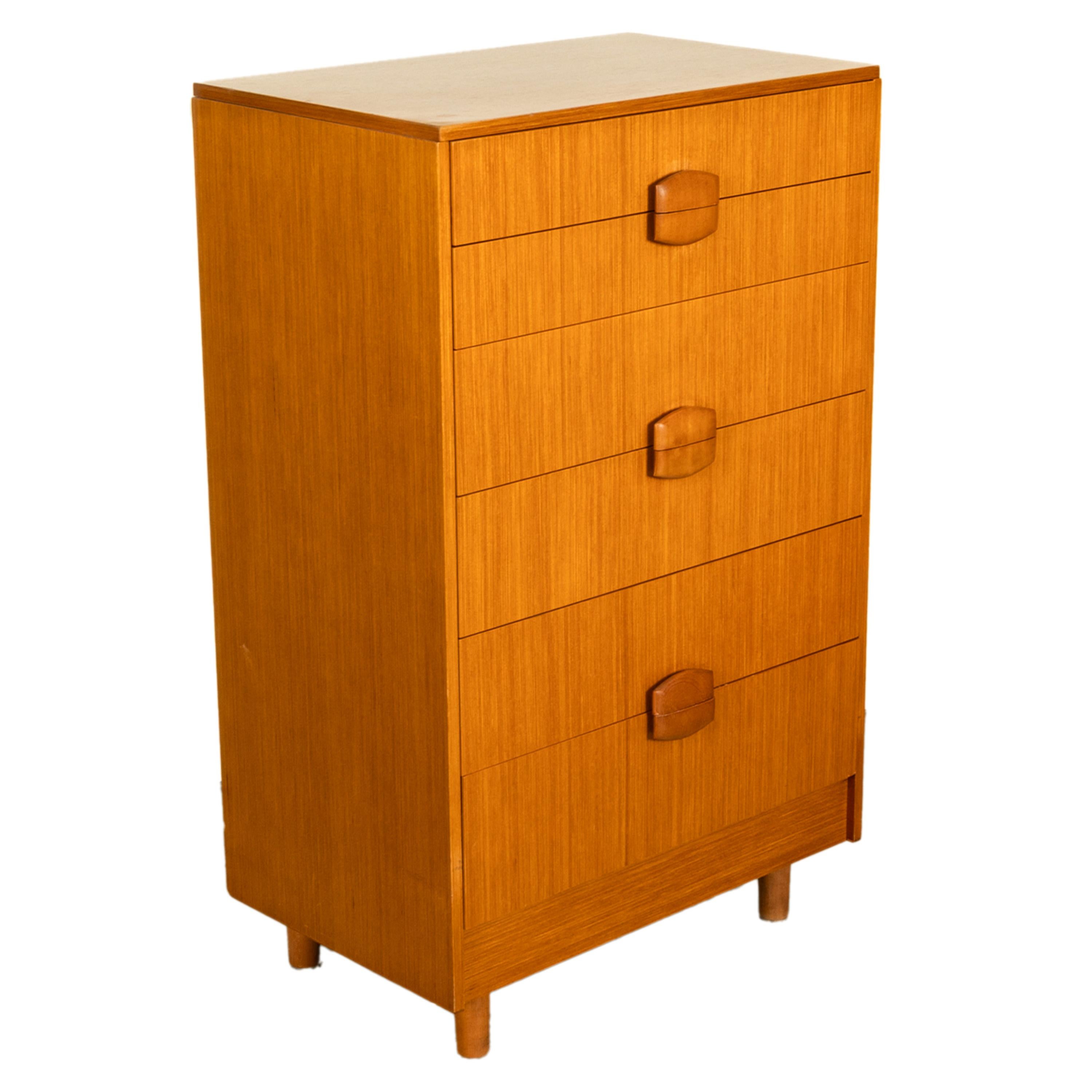 English Mid Century Modern Danish Tall Boy Teak Chest of Drawers Six Drawer Dresser 1960 For Sale