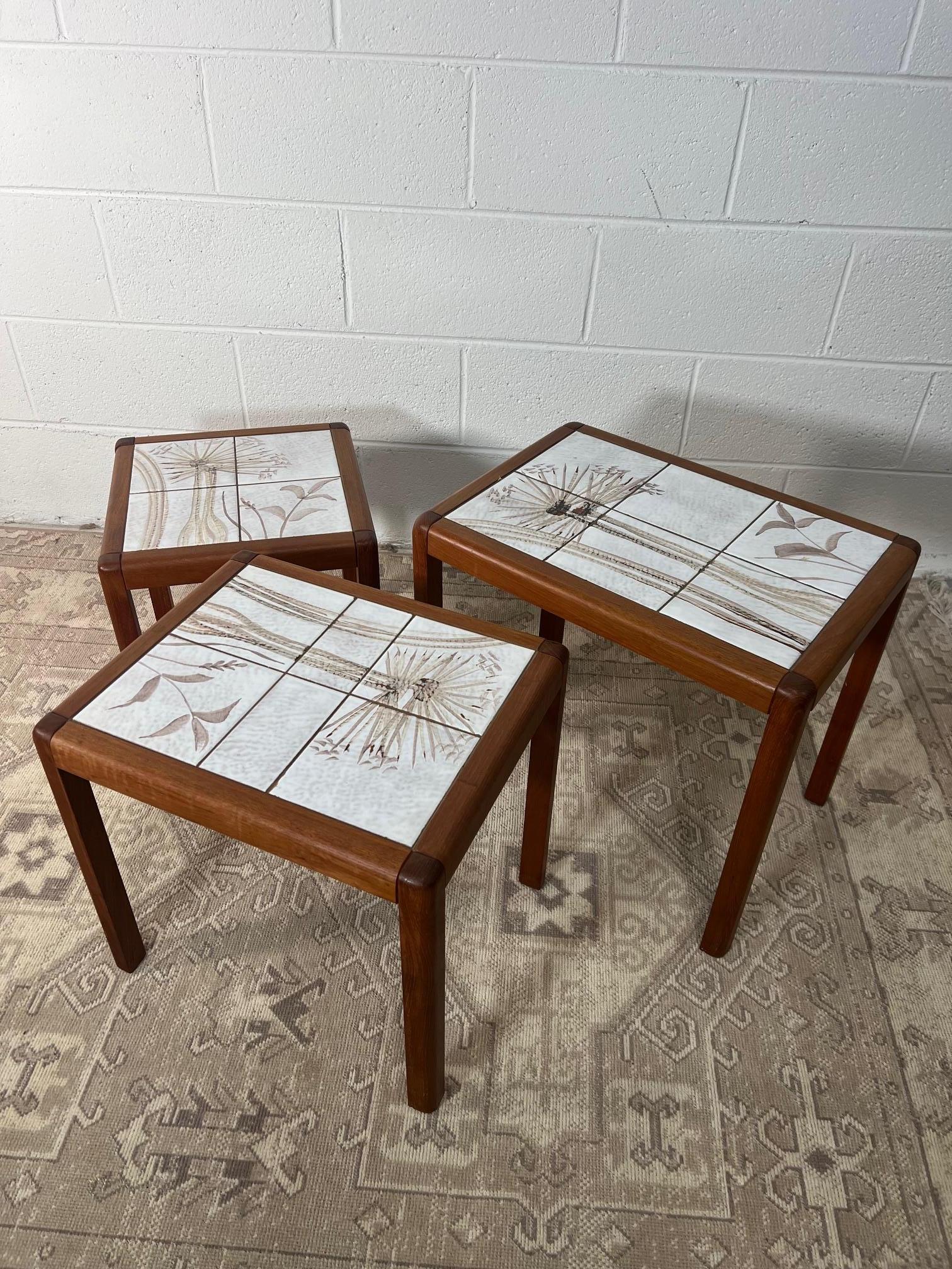 Mid Century Modern Danish Teak And Tile Nesting Side Tables For Sale 3