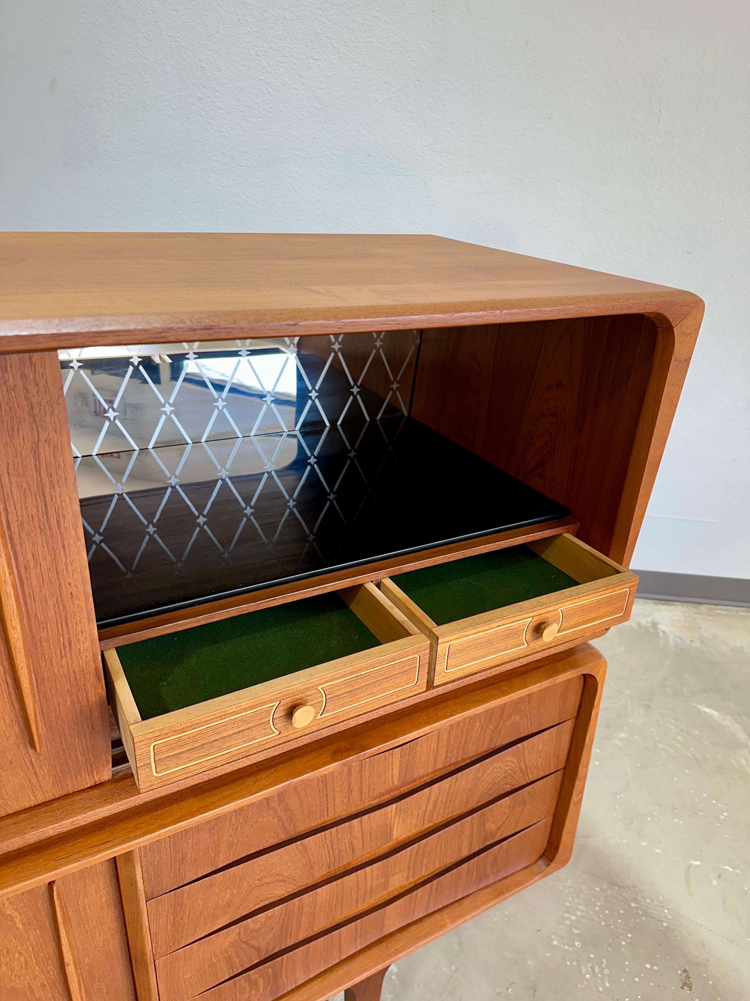 Brass Mid Century Modern Danish Teak Atomic Sideboard Bar Cabinet c.1950’s, Refinished
