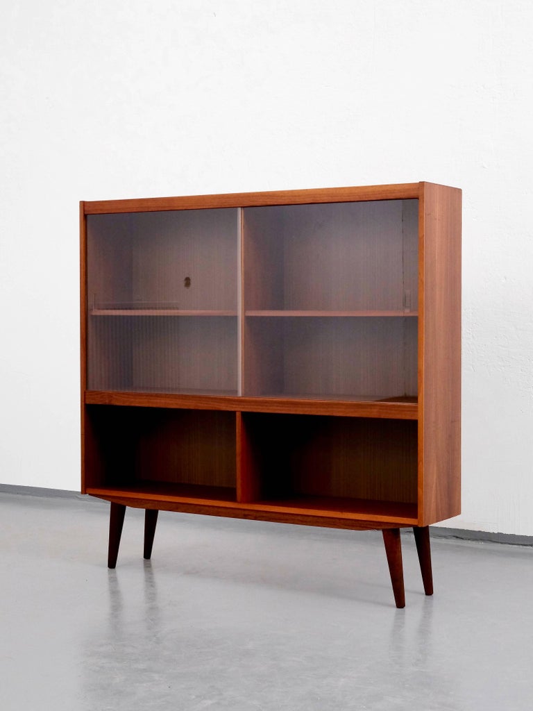 MidCentury Modern Danish Teak Bookcase with Sliding Glass Doors at 1stDibs