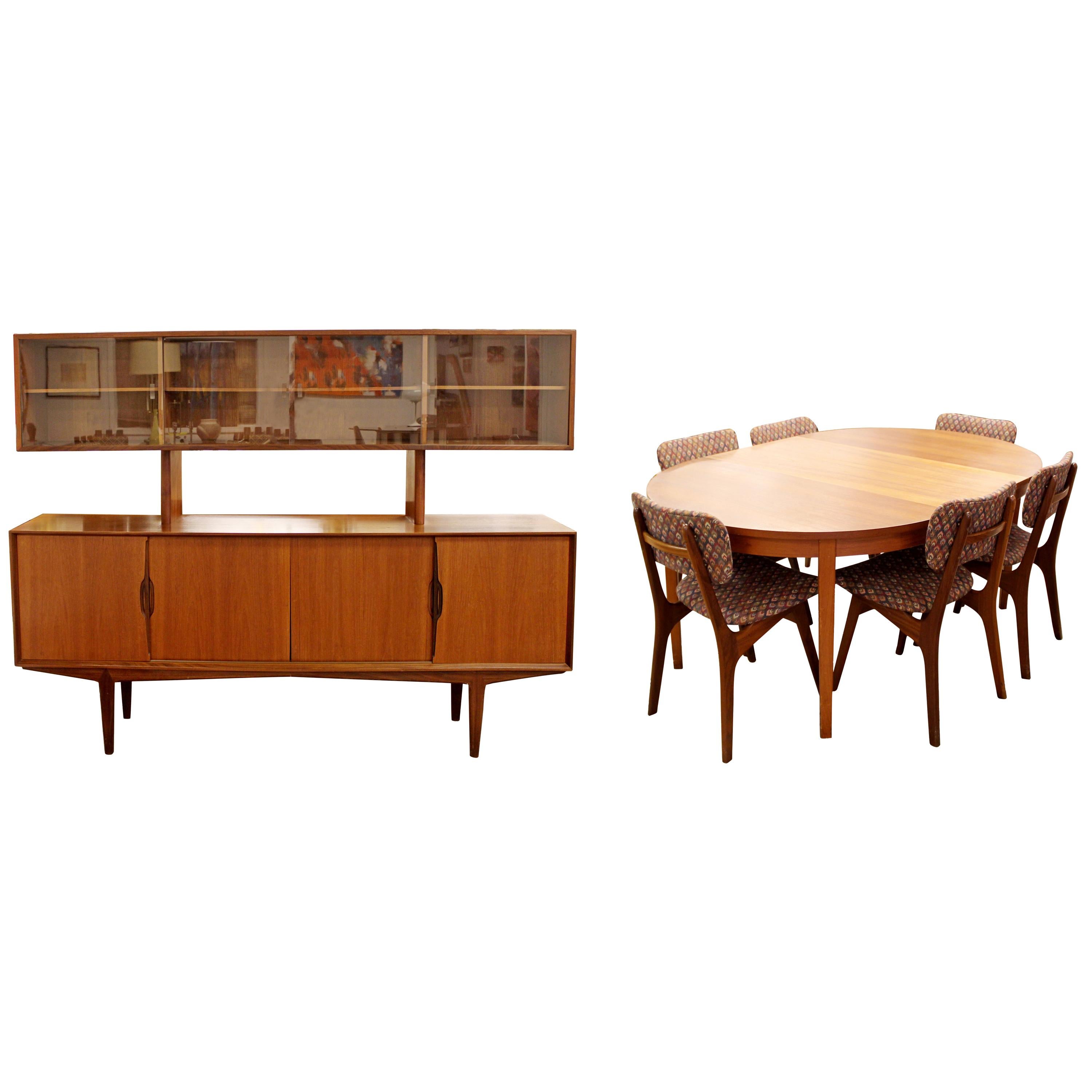 Mid-Century Modern Danish Teak Credenza Hutch Dining Table & 6 Chairs Set 1960s