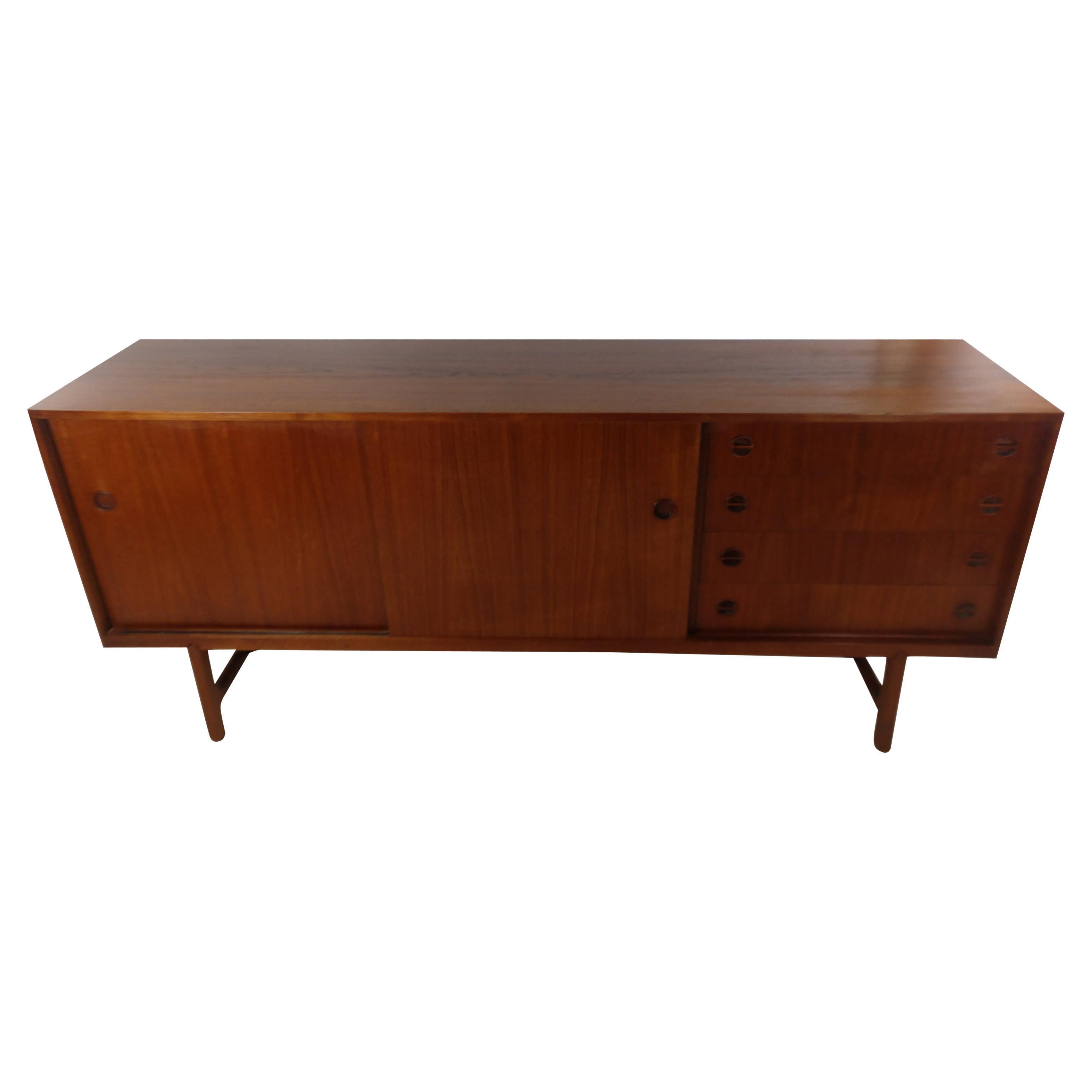 Lacquered Mid Century Modern Danish Teak Credenza with 3 Sliding Doors & Fitted Interior For Sale
