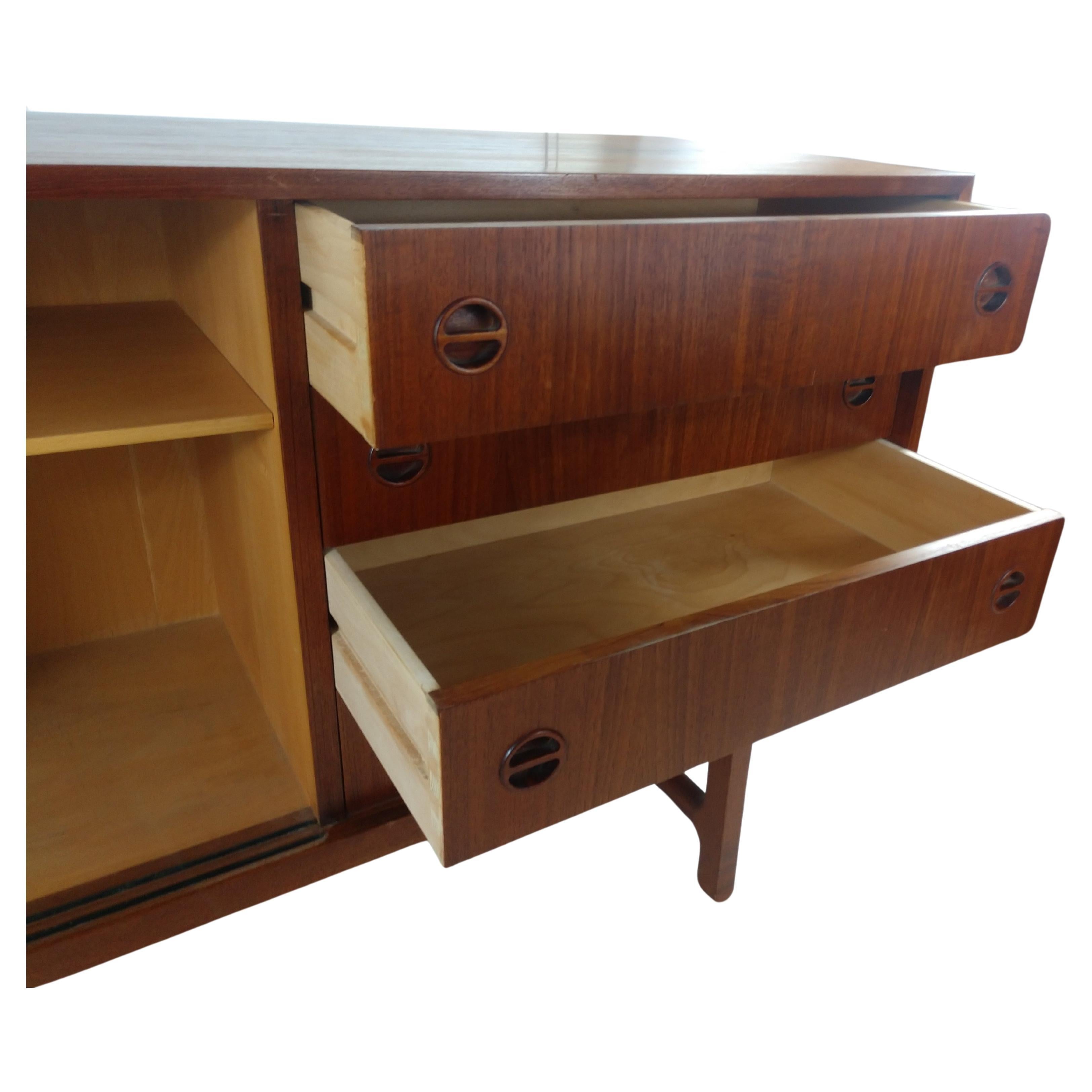 Mid Century Modern Danish Teak Credenza with 3 Sliding Doors & Fitted Interior In Good Condition For Sale In Port Jervis, NY
