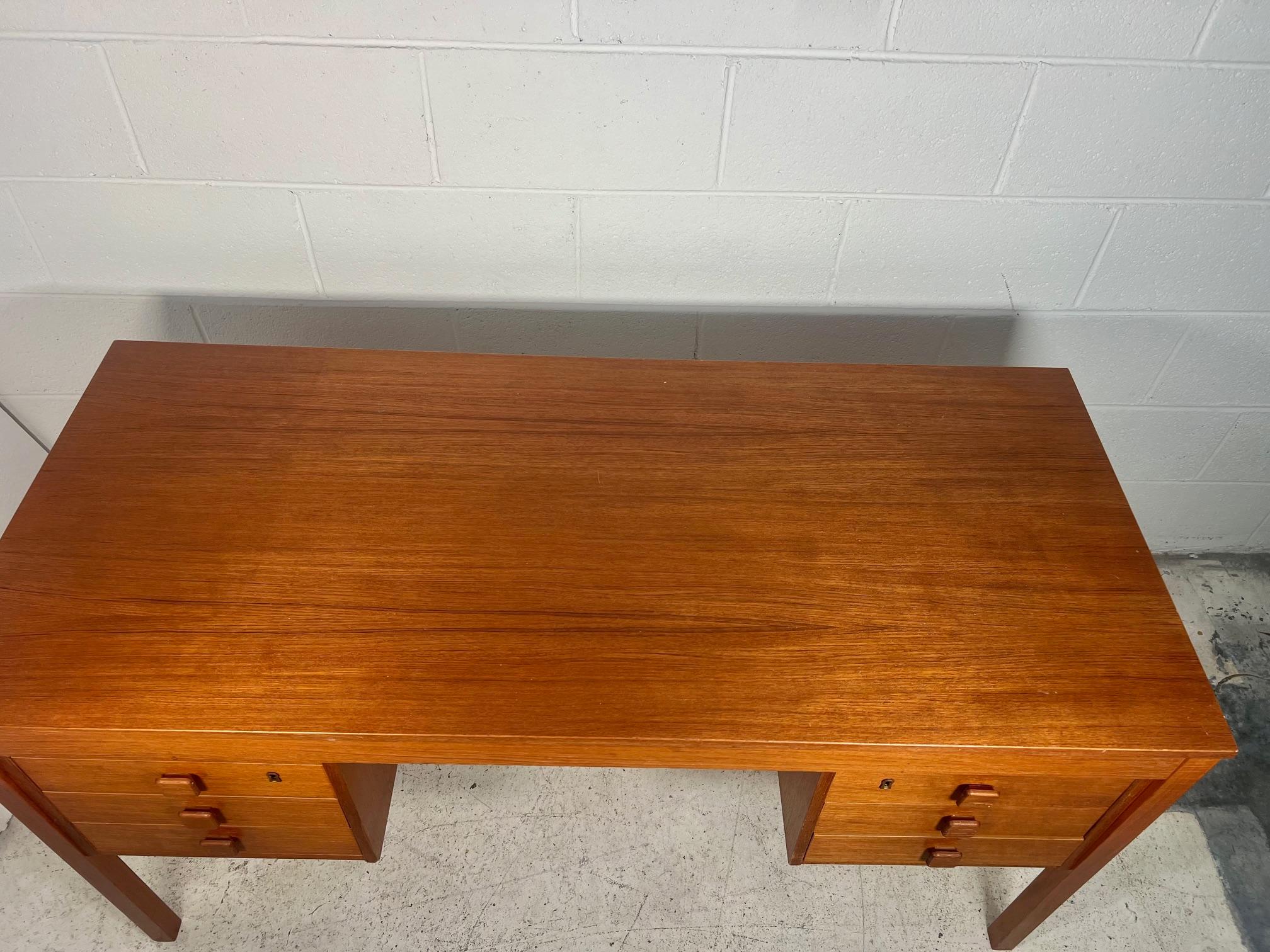 Mid Century Modern Danish Teak Desk By Domino Mobler Free Standing For Sale 1