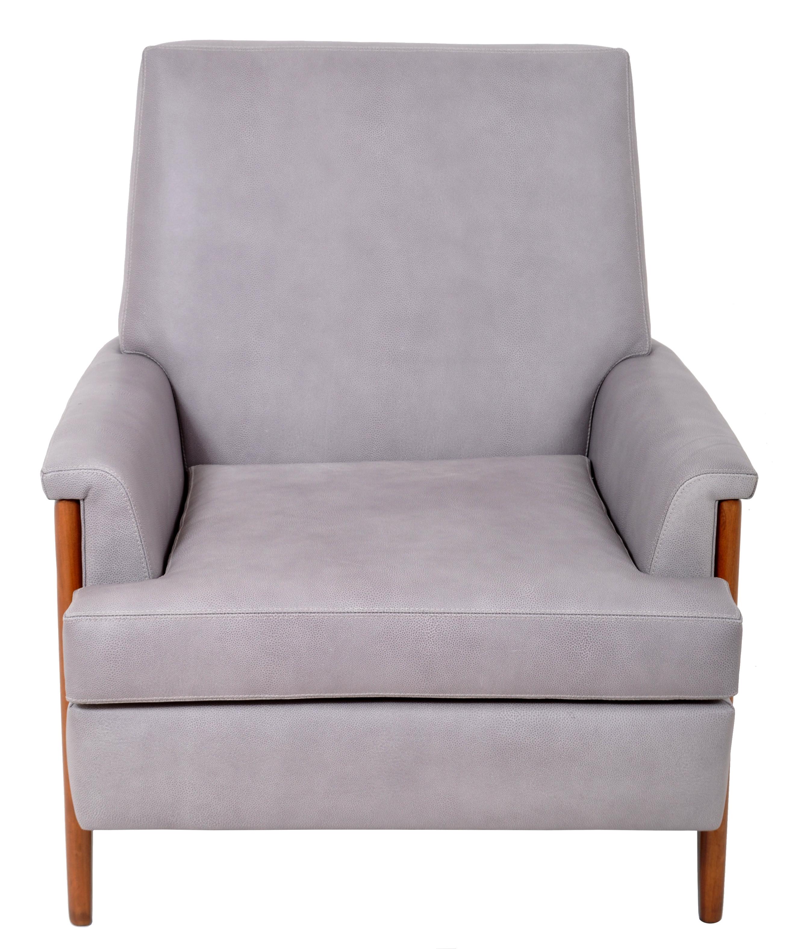 Mid-Century Modern Danish Teak Grey Blue Leather Armchair, chair 1960s 2