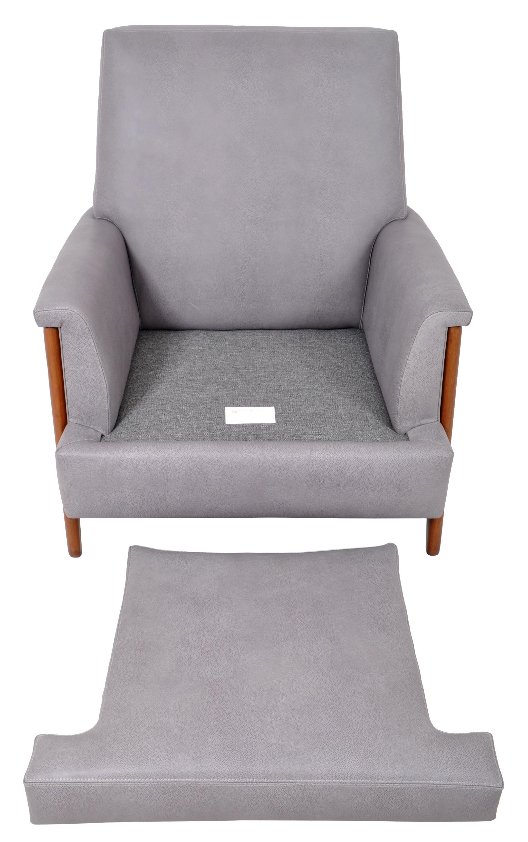 Mid-Century Modern Danish Teak Grey Blue Leather Armchair, chair 1960s 5