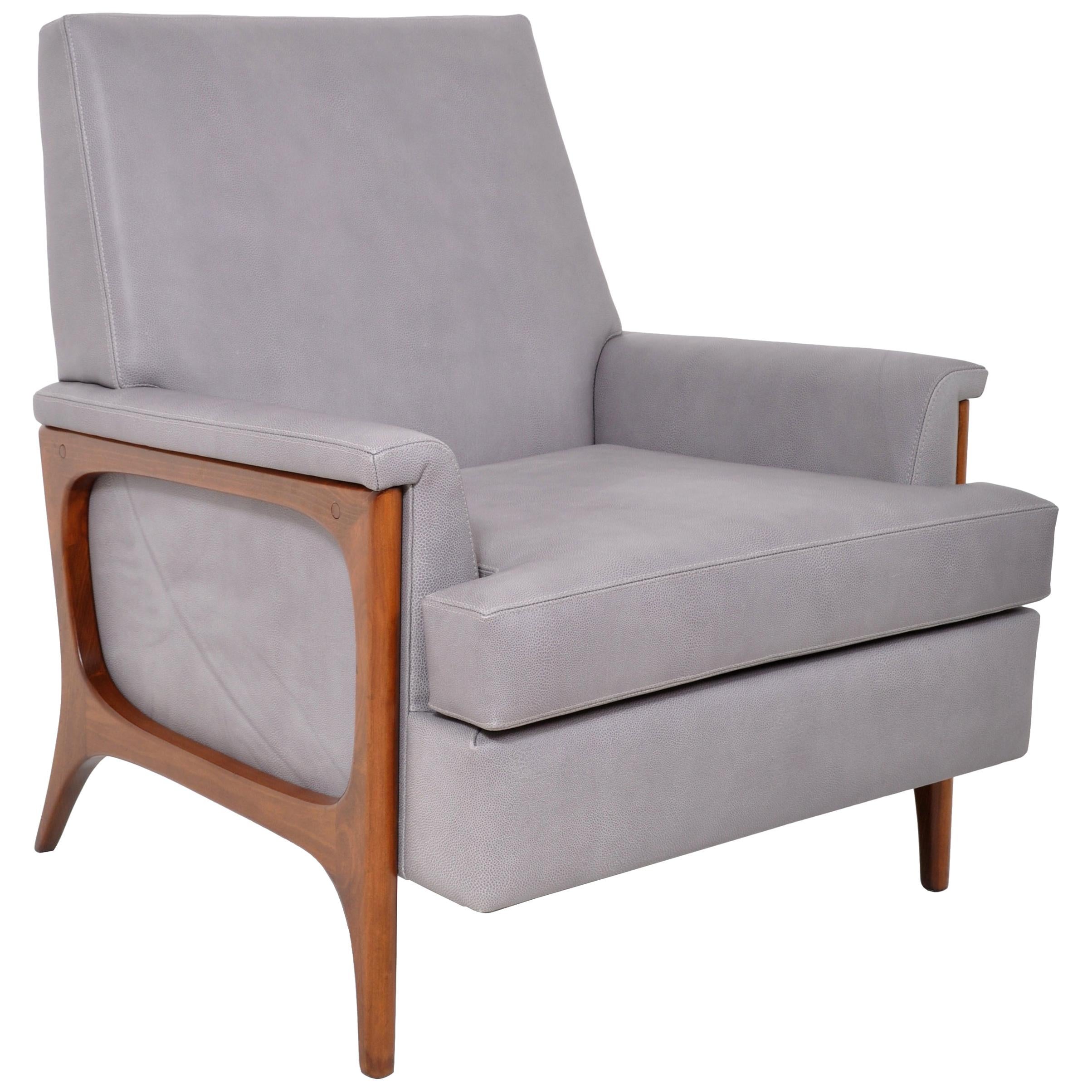Mid-Century Modern Danish Teak Grey Blue Leather Armchair, chair 1960s