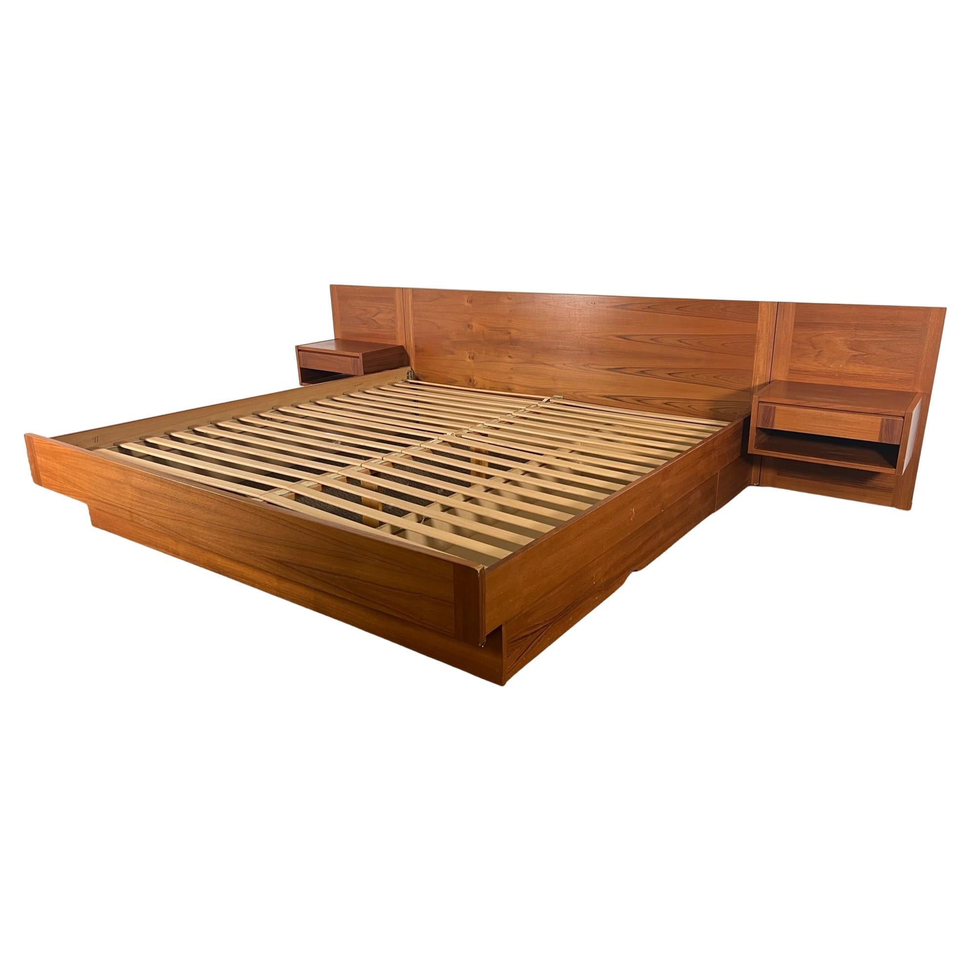 Mid Century Modern Danish Teak King Size Platform Bed  Under Bed Storage Drawer