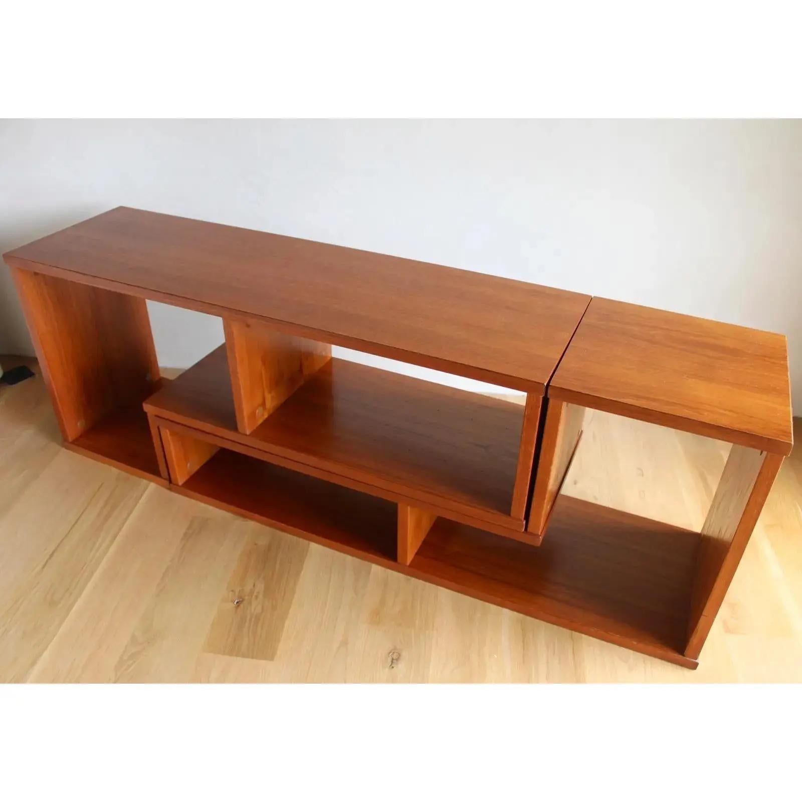 Woodwork Mid Century Modern Danish Teak L-Shaped Two Piece Expanding Bookcase Wall Unit