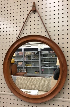 Pedersen & Hansen Danish Teak Oval Mirror with Leather Hanger Strap