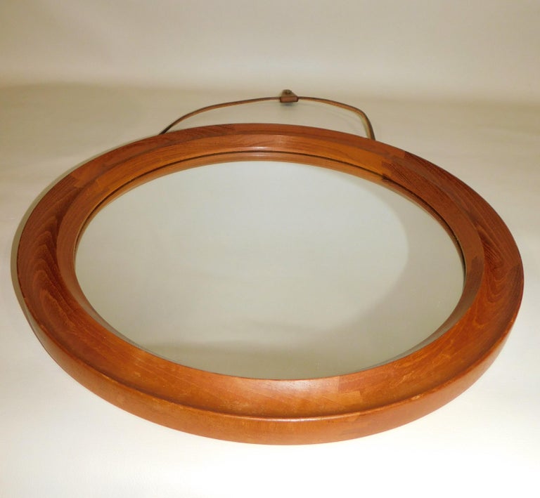 Mid-Century Modern Danish Teak Oval Mirror with Leather Hanger Strap