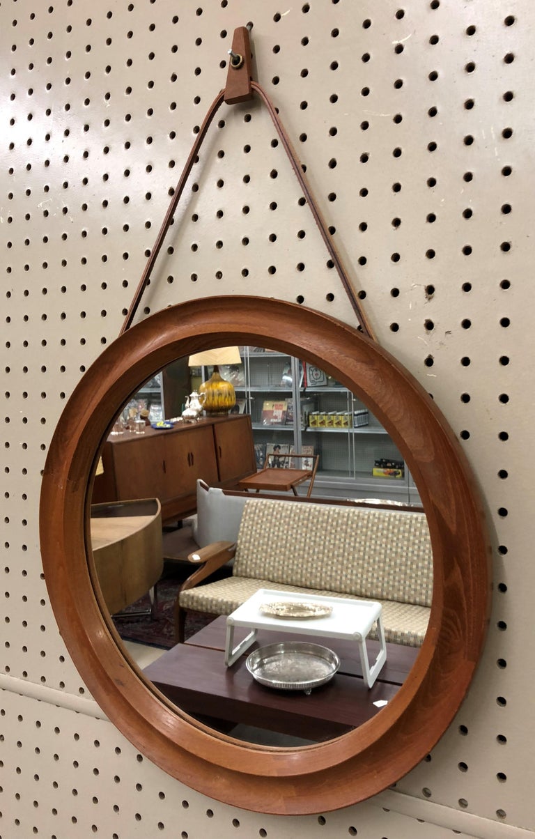 Mid-Century Modern Danish Teak Oval Mirror with Leather Hanger Strap