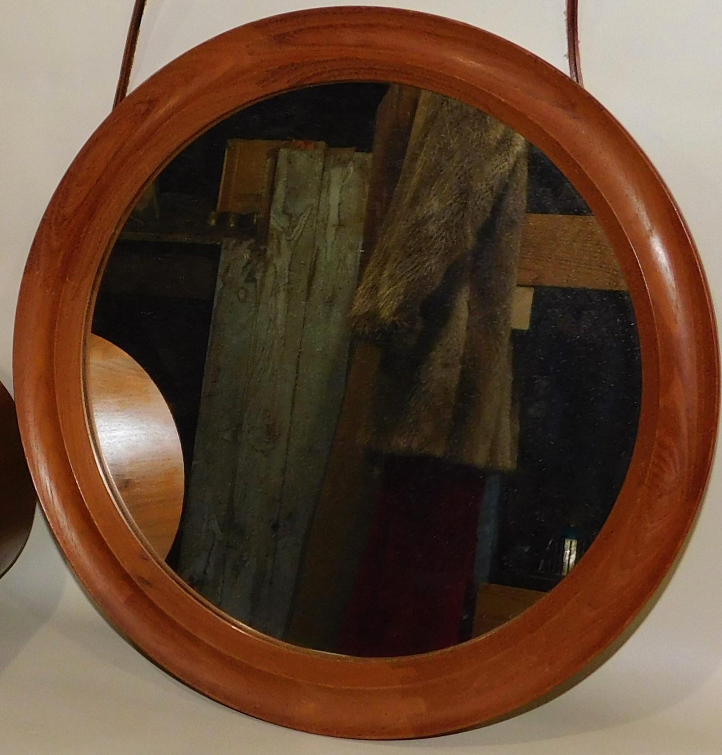 20th Century Pedersen & Hansen Danish Teak Oval Mirror with Leather Hanger Strap