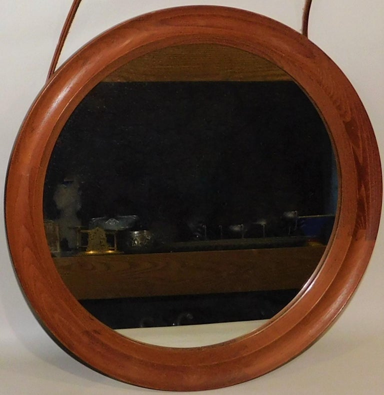 Mid-Century Modern Danish Teak Oval Mirror with Leather Hanger Strap