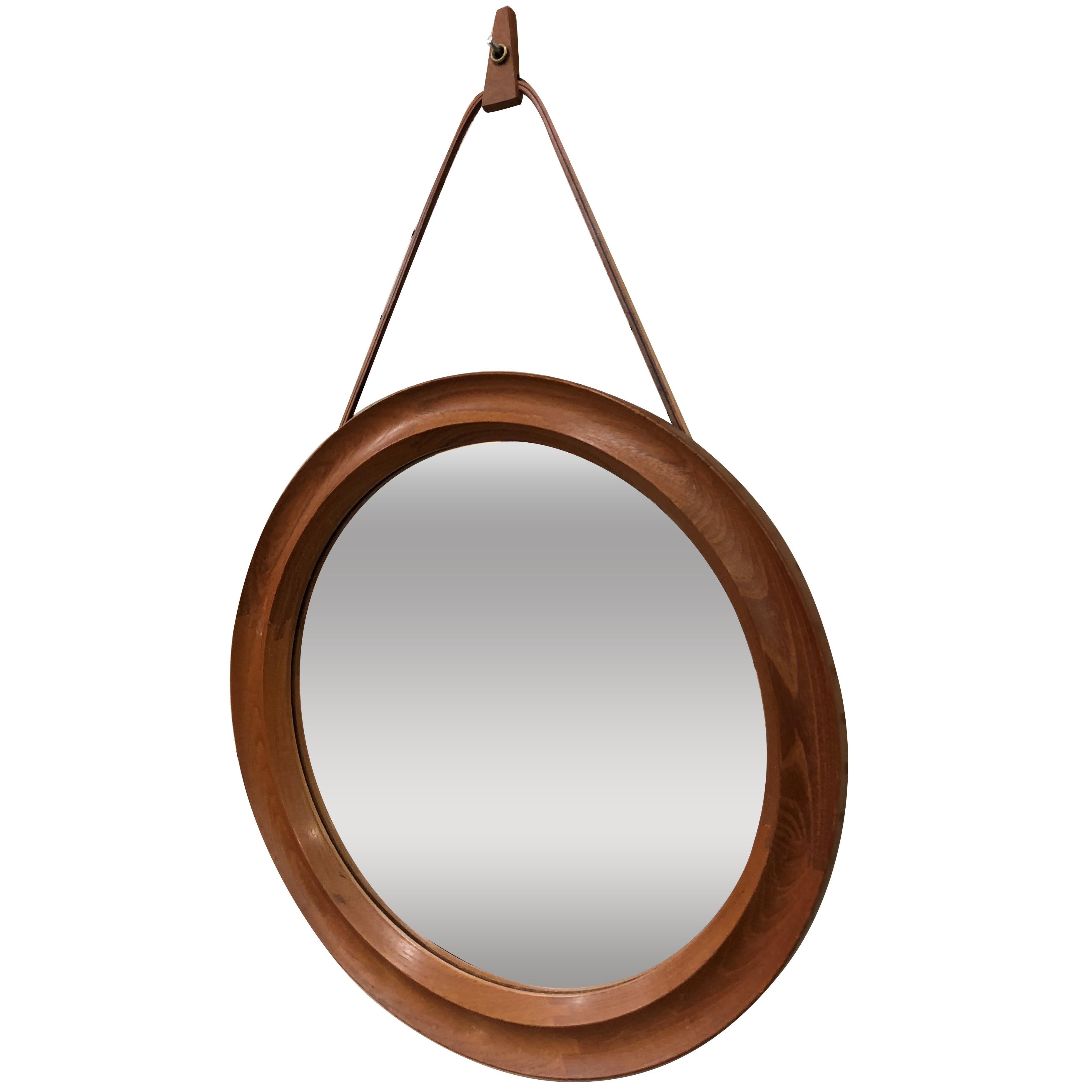 Pedersen & Hansen Danish Teak Oval Mirror with Leather Hanger Strap