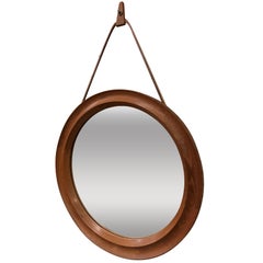 Pedersen & Hansen Danish Teak Oval Mirror with Leather Hanger Strap