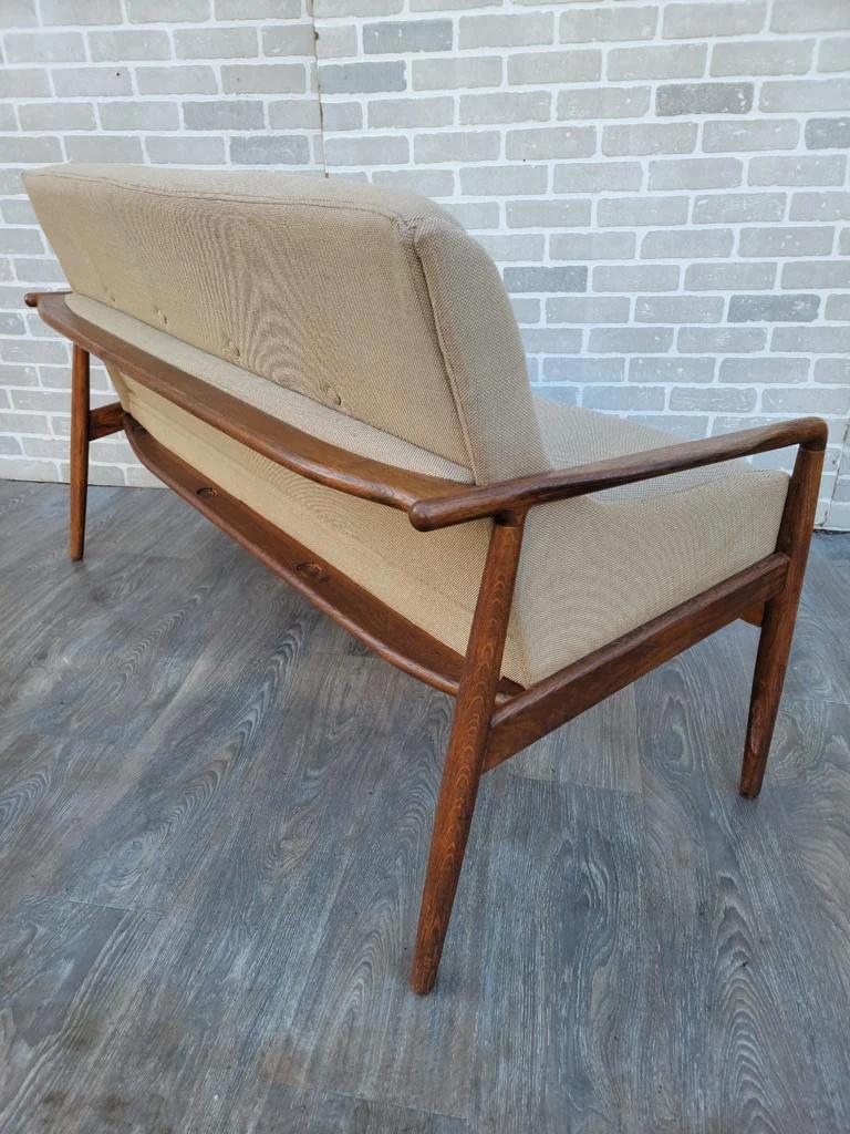 Mid Century Modern Danish Teak Settee Newly Reupholstered in Linen Blend 5