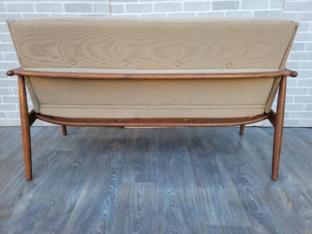 Mid Century Modern Danish Teak Settee Newly Reupholstered in Linen Blend In Good Condition In Chicago, IL