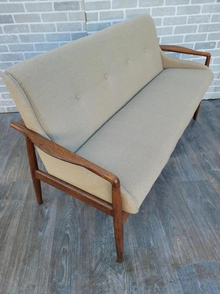 Mid Century Modern Danish Teak Settee Newly Reupholstered in Linen Blend 1