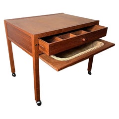 Mid Century Modern Danish Teak Sewing End Table On Wheels