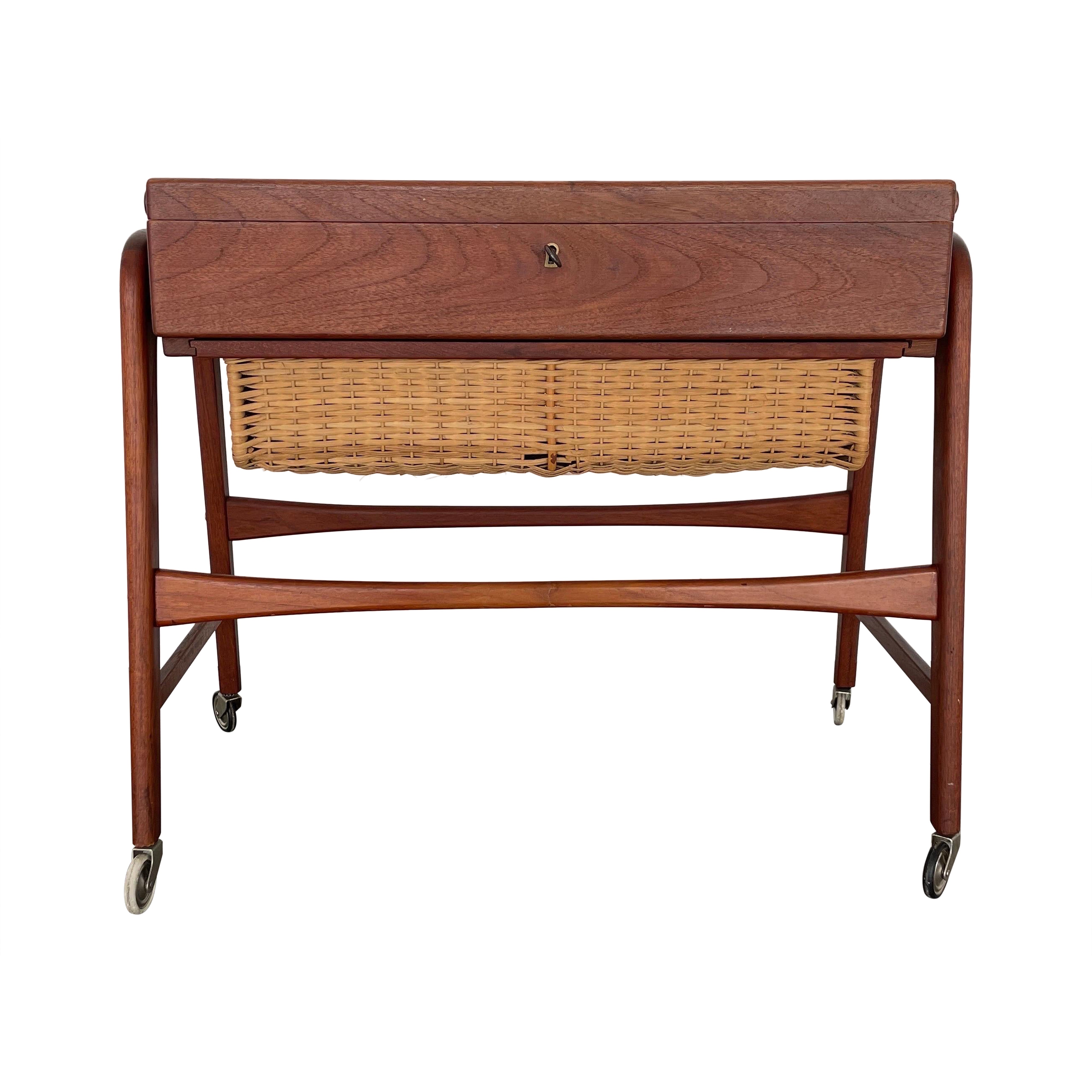 Mid-century Modern Danish Teak Sewing Table with Wicker Basket, 1960s, Denmark