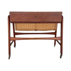 Mid-century Modern Danish Teak Sewing Table with Wicker Basket, 1960s, Denmark