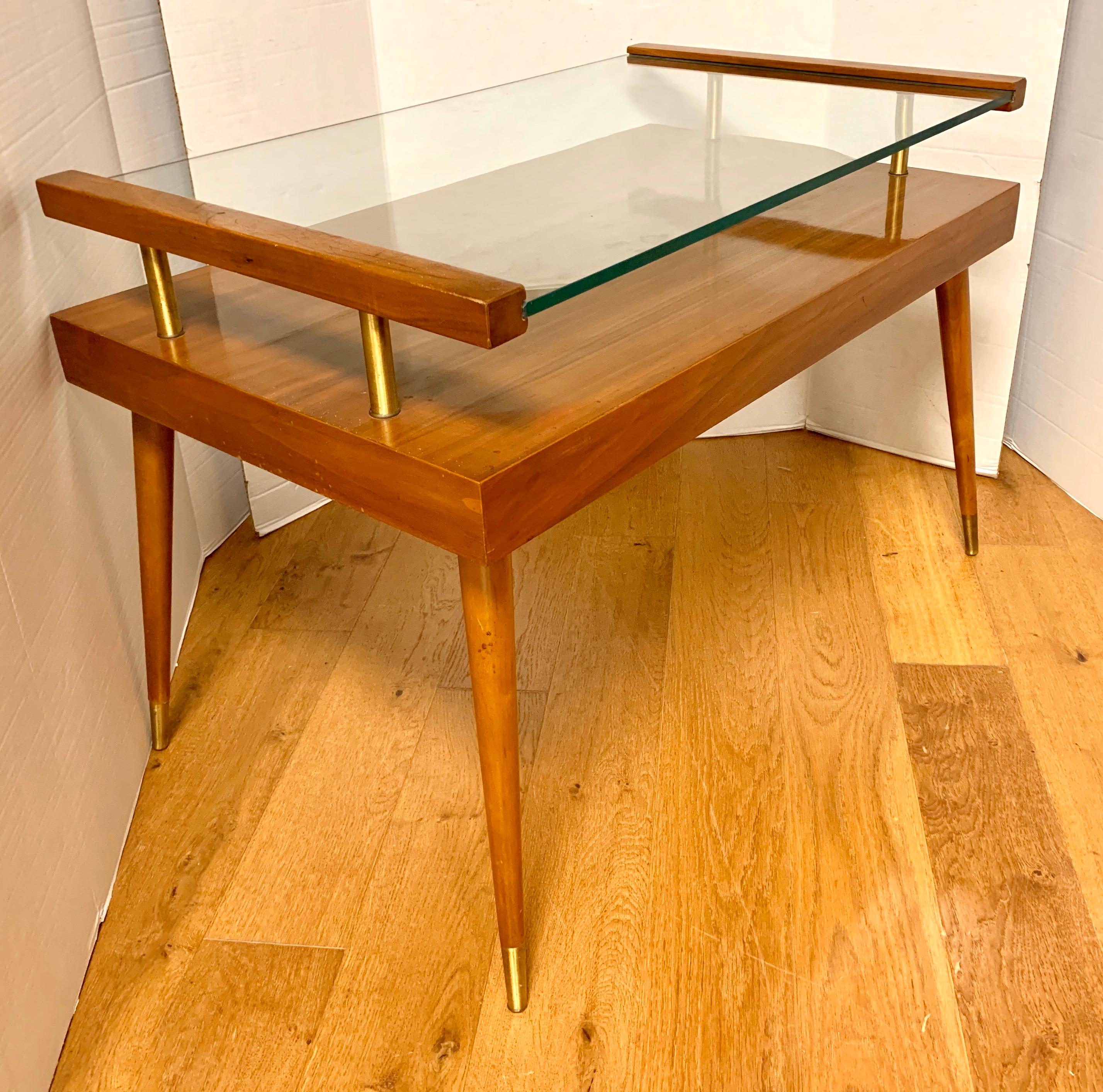 American Mid-Century Modern Danish Two-Tiered Table Teak and Sliding Glass