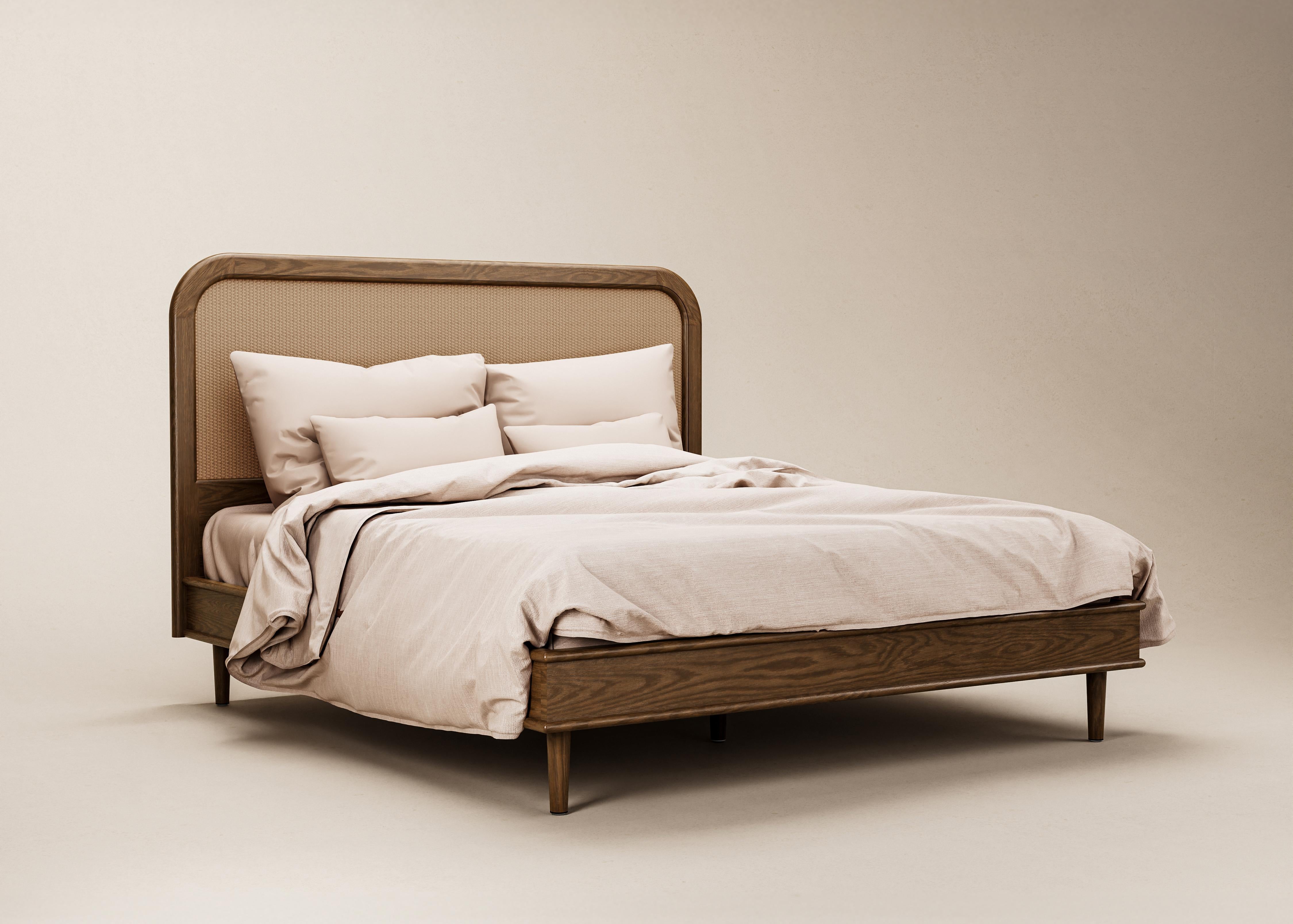 Mid-Century Modern Danish Walford Bed in Rattan & Cognac Oak — Euro Mega King For Sale 7