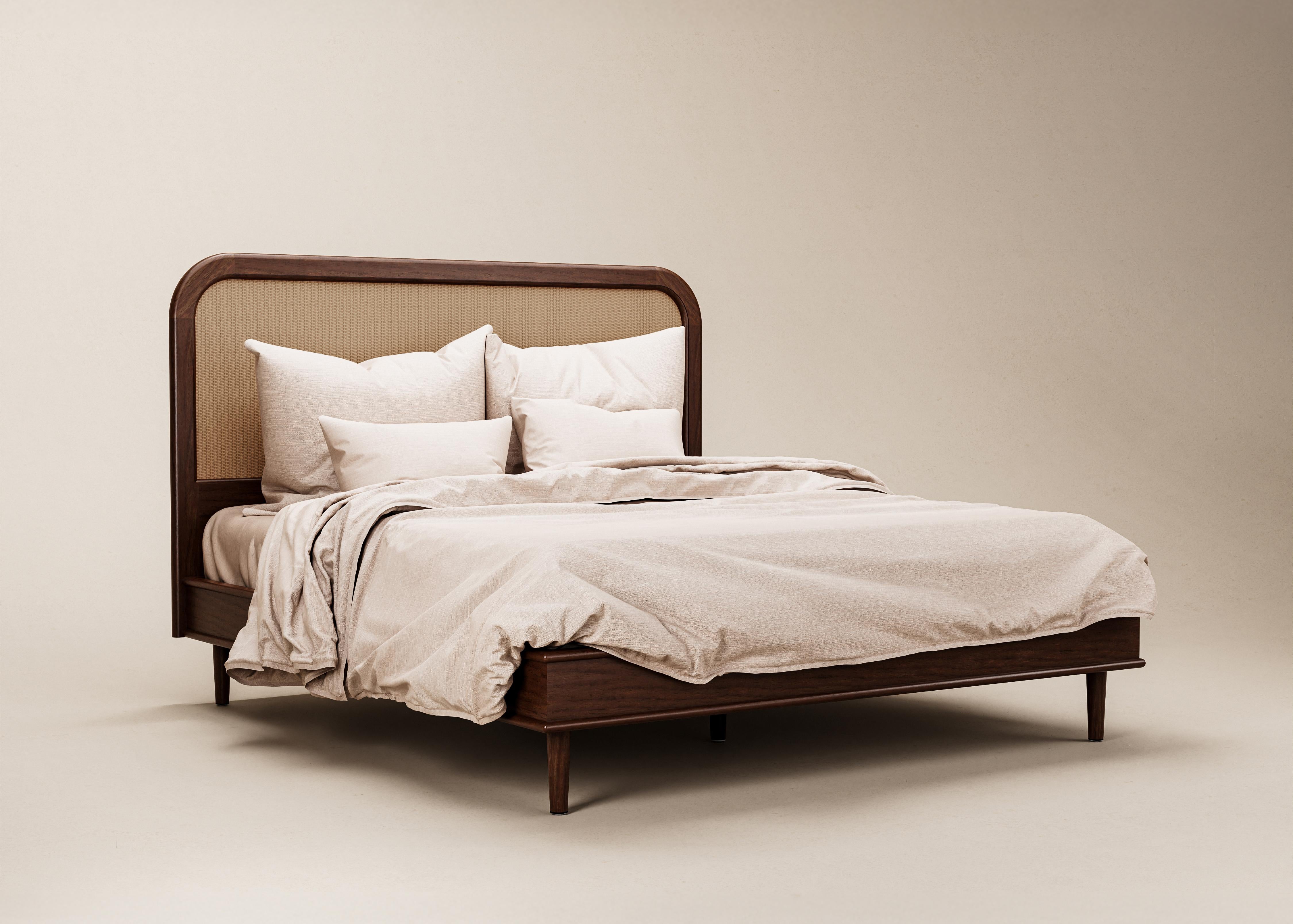 Mid-Century Modern Danish Walford Bed in Rattan & Cognac Oak — Euro Mega King For Sale 12