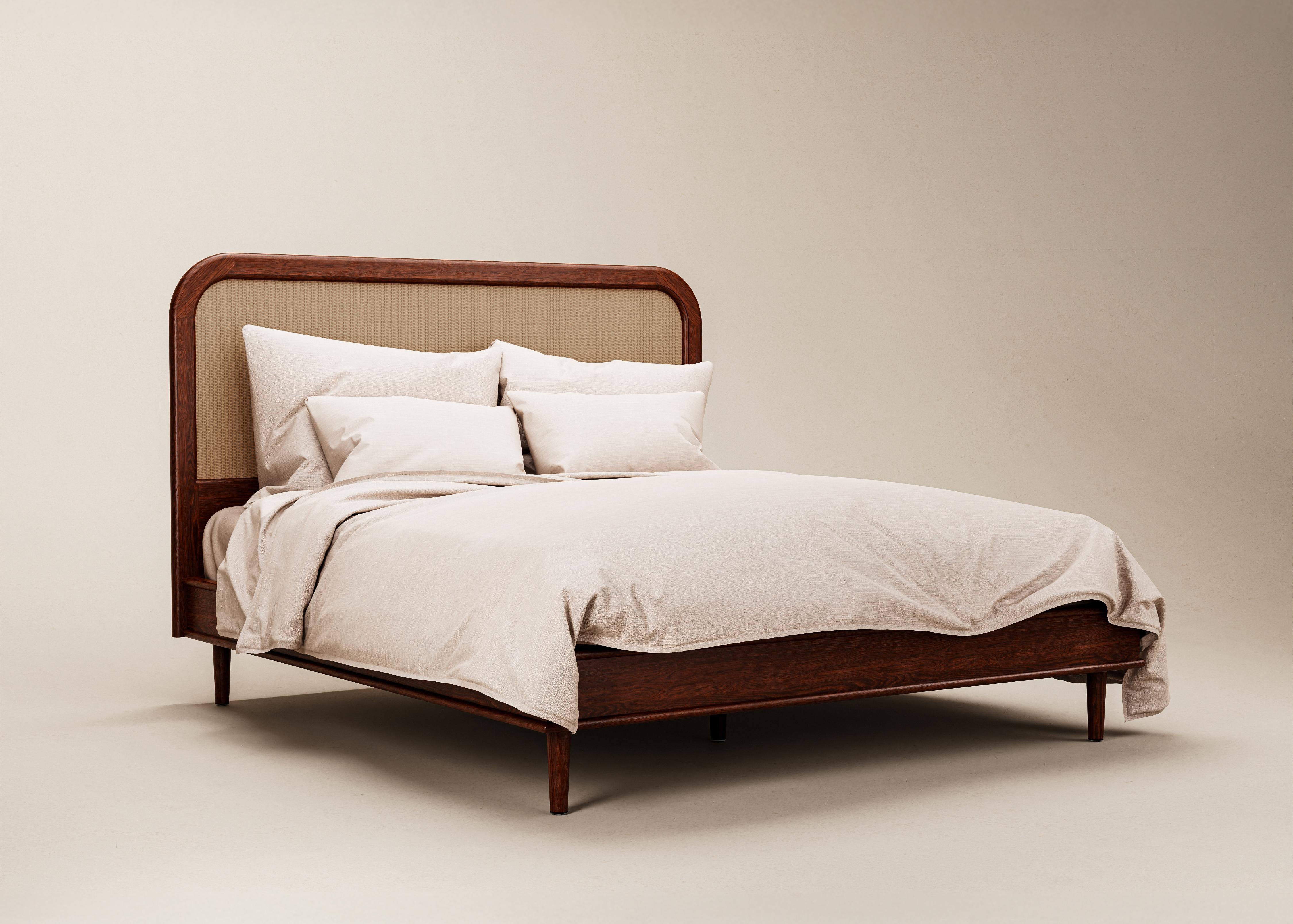 Mid-Century Modern Danish Walford Bed in Rattan & Cognac Oak — Euro Mega King For Sale 3