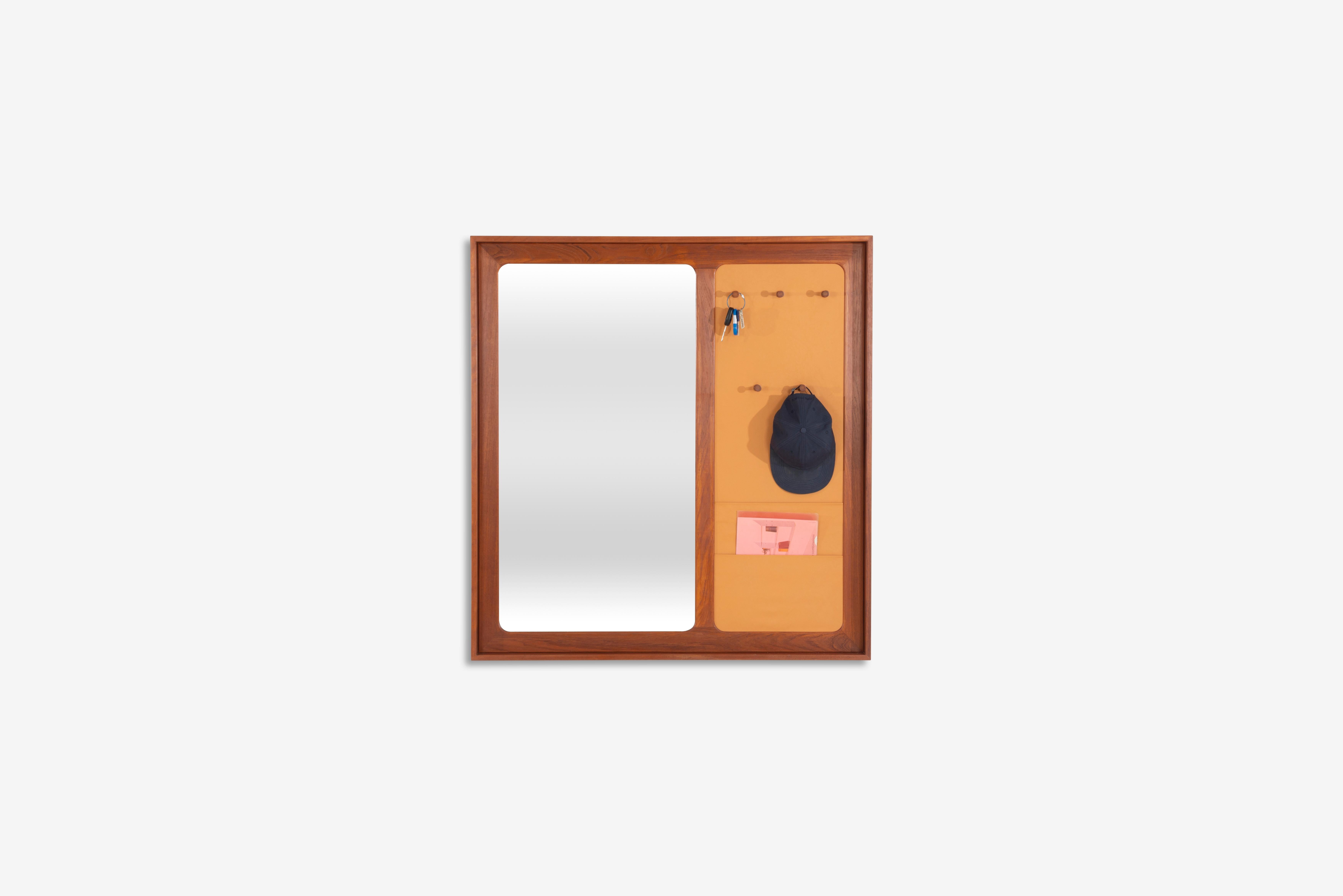 This mid-century Danish mirror is a stunning piece of furniture that is both functional and stylish. The mirror's leather panel adds an elegant and refined touch to the design, while the wood coat hooks provide ample space for hanging coats, hats,