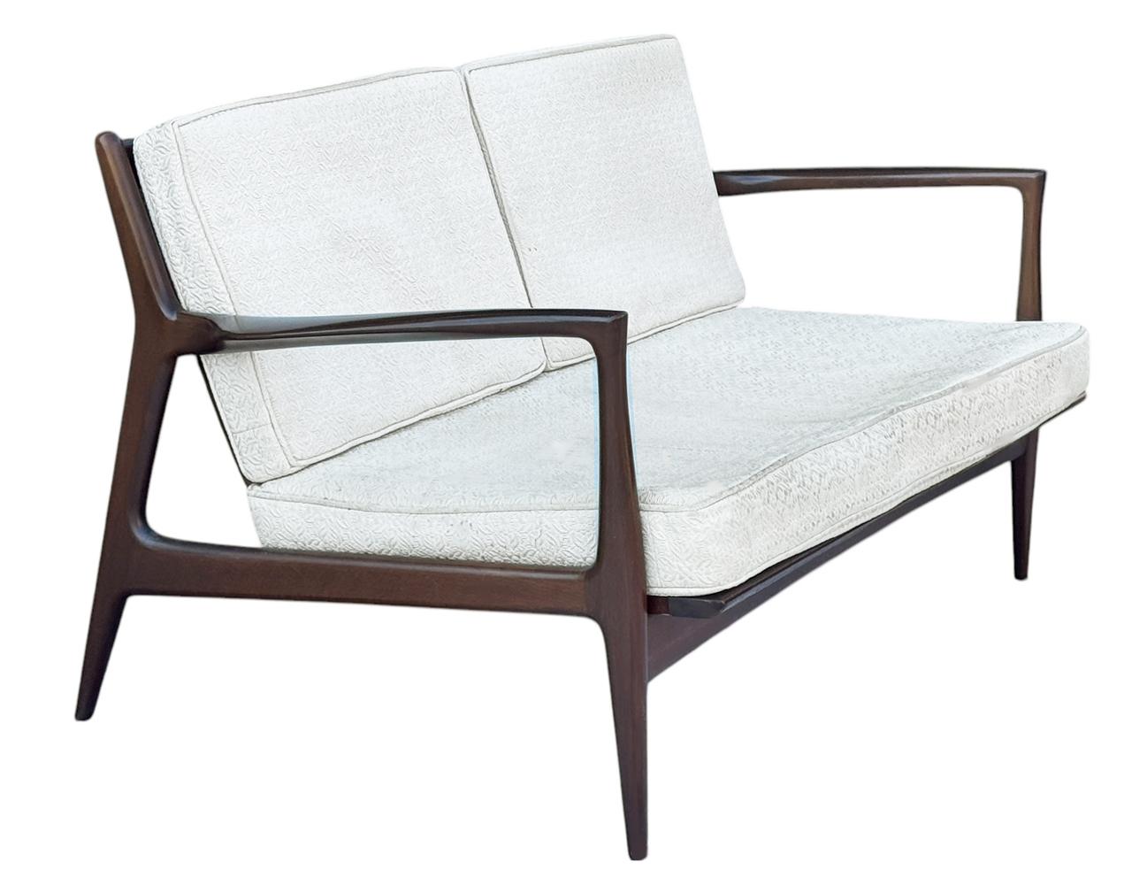 Fabric Mid Century Modern Danish Walnut Sofa, Love Seat or Settee by Kofod Larsen Selig For Sale