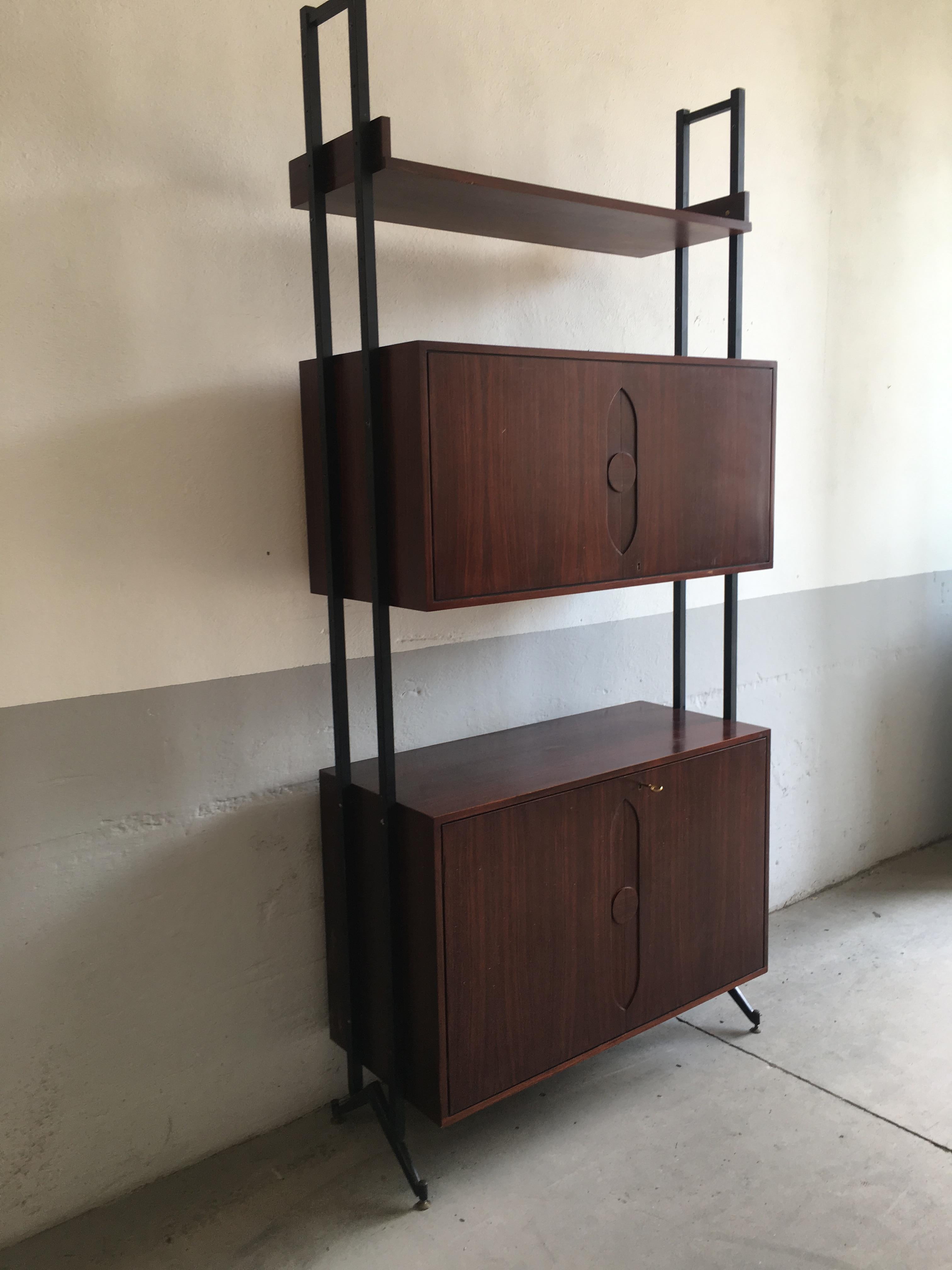Lacquered Mid-Century Modern Danish Wood Wall Unit with Brass Feet, 1970s