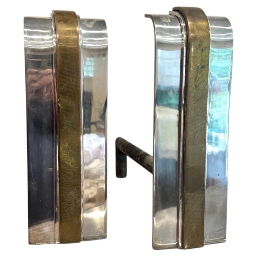 Mid-Century Modern Danny Alessandro Polished Nickel Brass Skyscraper Andirons For Sale