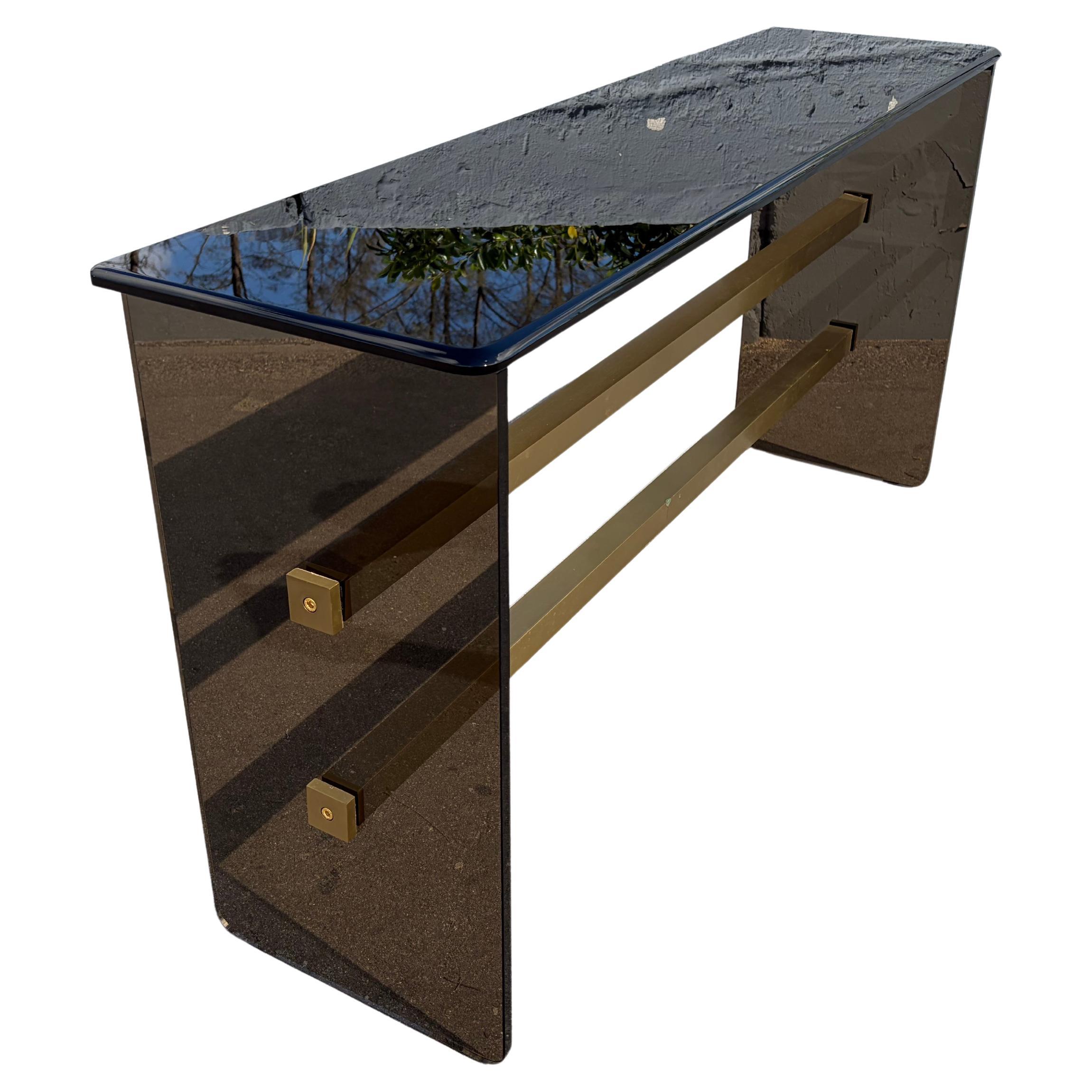 Mid Century Modern Dark Glass and Brass Console Table, Sofa Table