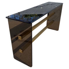 Mid Century Modern Dark Glass and Brass Console Table, Sofa Table