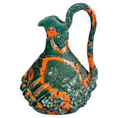 Mid-Century Modern Dark Green & Bright Orange Ceramic Jug from Vallauris 1960's