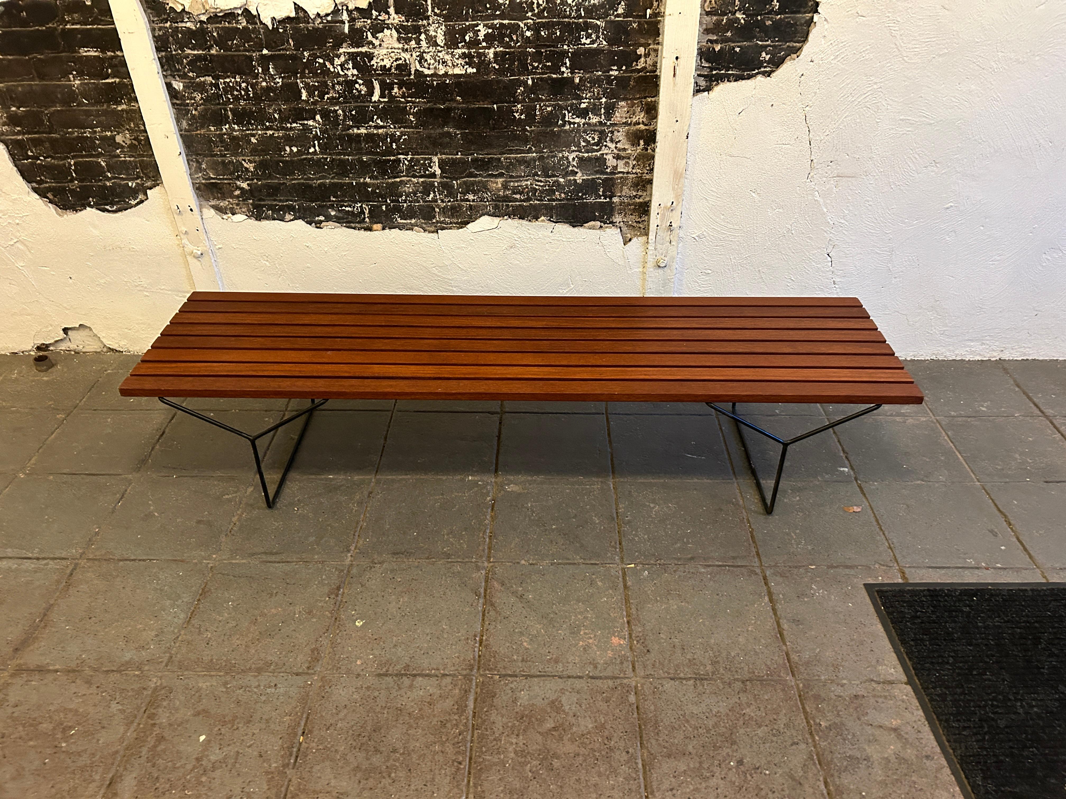 American Mid-Century Modern Dark Wood Iron Slat Bench by Harry Bertoia for Knoll